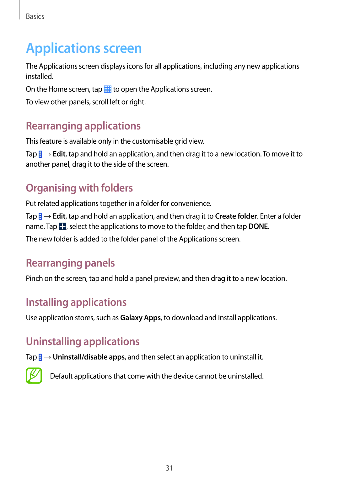 Samsung SM-T331NYKAXXV Applications screen, Rearranging applications, Organising with folders, Installing applications 