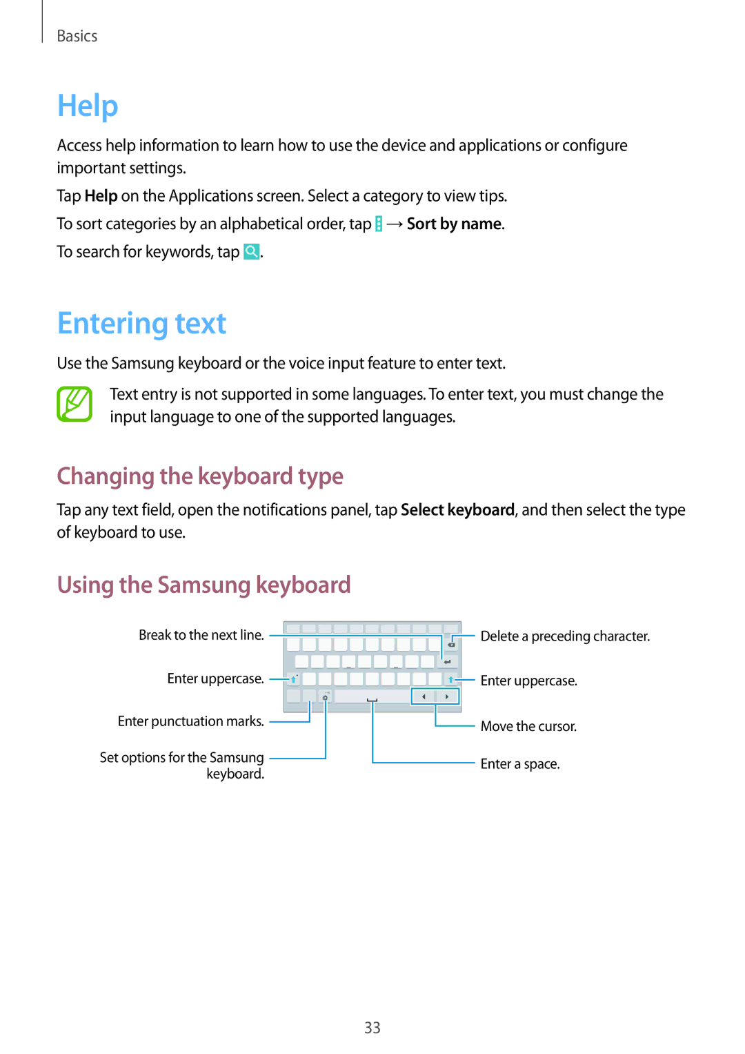 Samsung SM-T331NYKASER, SM-T331NYKAKSA, SM-T331NYKAXXV, SM-T331NZWAXXV manual Help, Entering text, Changing the keyboard type 