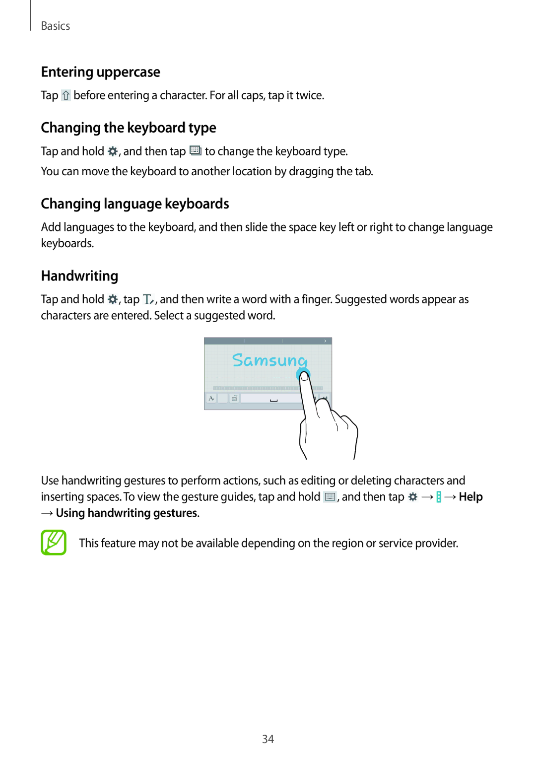 Samsung SM-T331NZWASER manual Entering uppercase, Changing the keyboard type, Changing language keyboards, Handwriting 