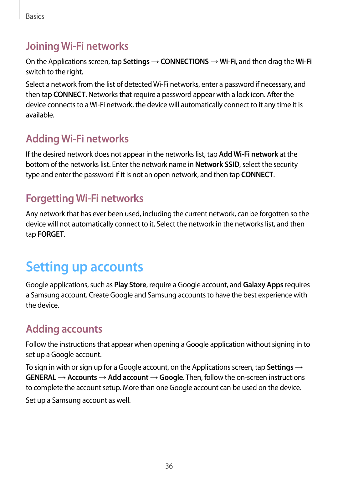 Samsung SM-T331NYKAXXV manual Setting up accounts, Joining Wi-Fi networks, Adding Wi-Fi networks, Forgetting Wi-Fi networks 