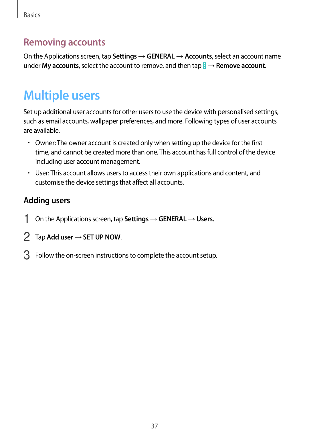 Samsung SM-T331NZWAXXV, SM-T331NYKAKSA manual Multiple users, Removing accounts, Adding users, Tap Add user →SET UP NOW 