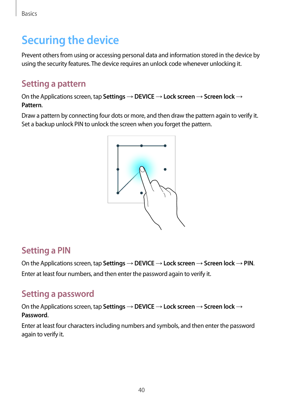 Samsung SM-T331NYKAKSA, SM-T331NYKAXXV manual Securing the device, Setting a pattern, Setting a PIN, Setting a password 