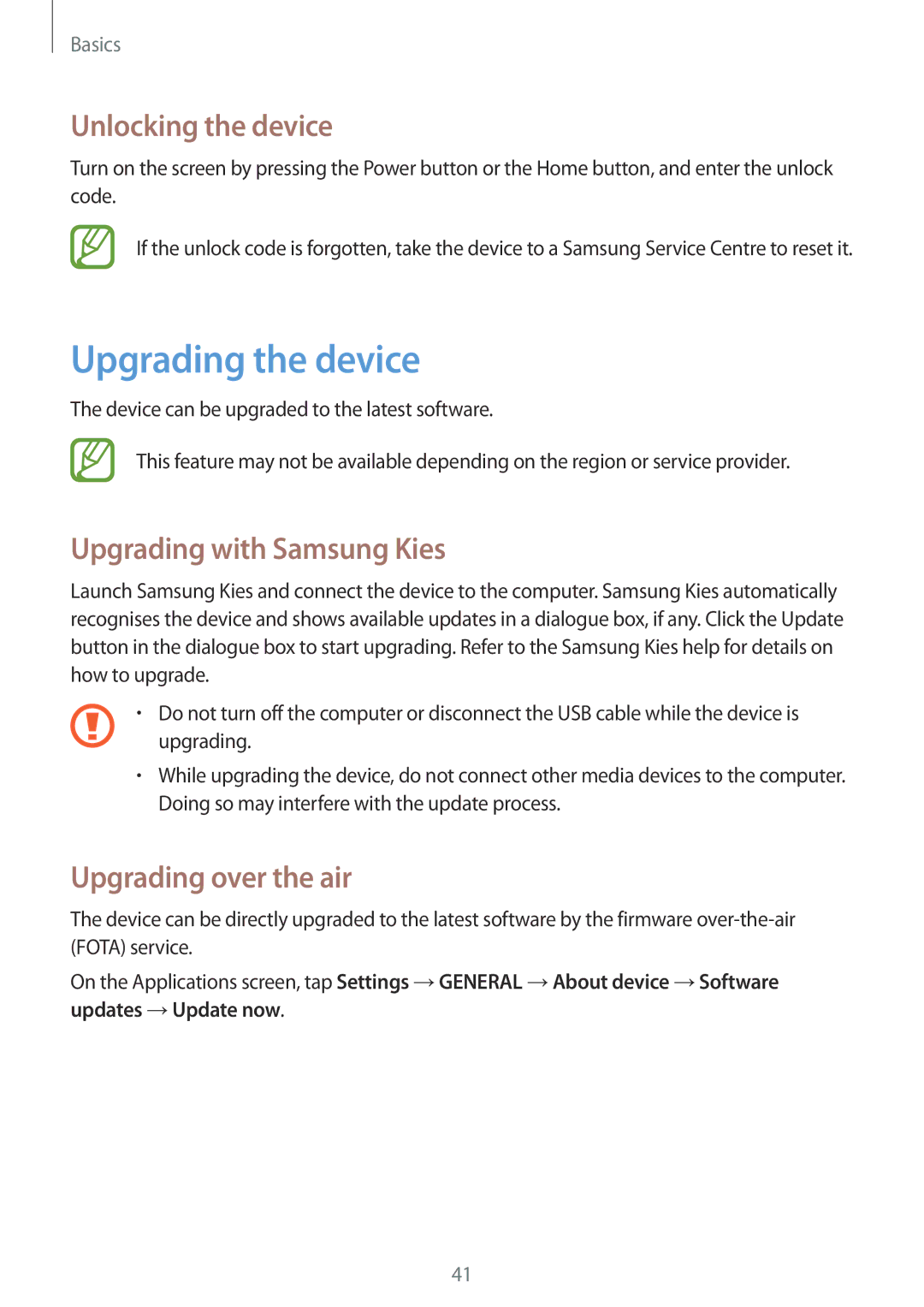 Samsung SM-T331NYKAXXV Upgrading the device, Unlocking the device, Upgrading with Samsung Kies, Upgrading over the air 