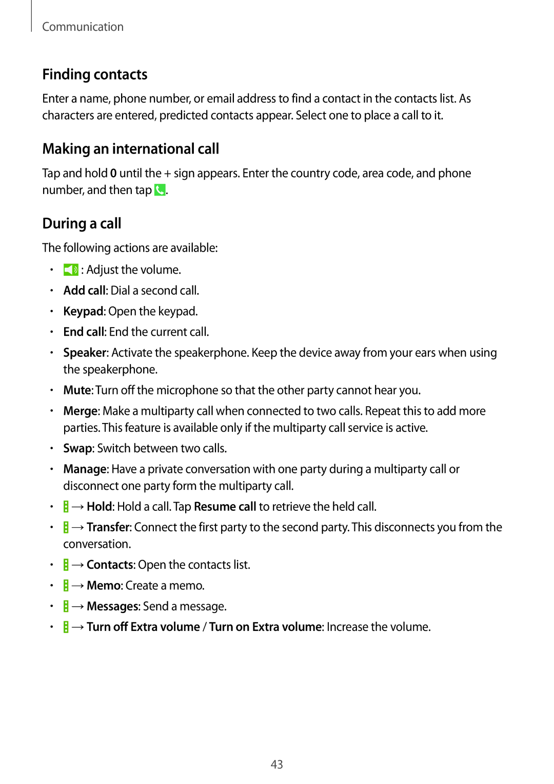 Samsung SM-T331NYKASER, SM-T331NYKAKSA, SM-T331NYKAXXV manual Finding contacts, Making an international call, During a call 