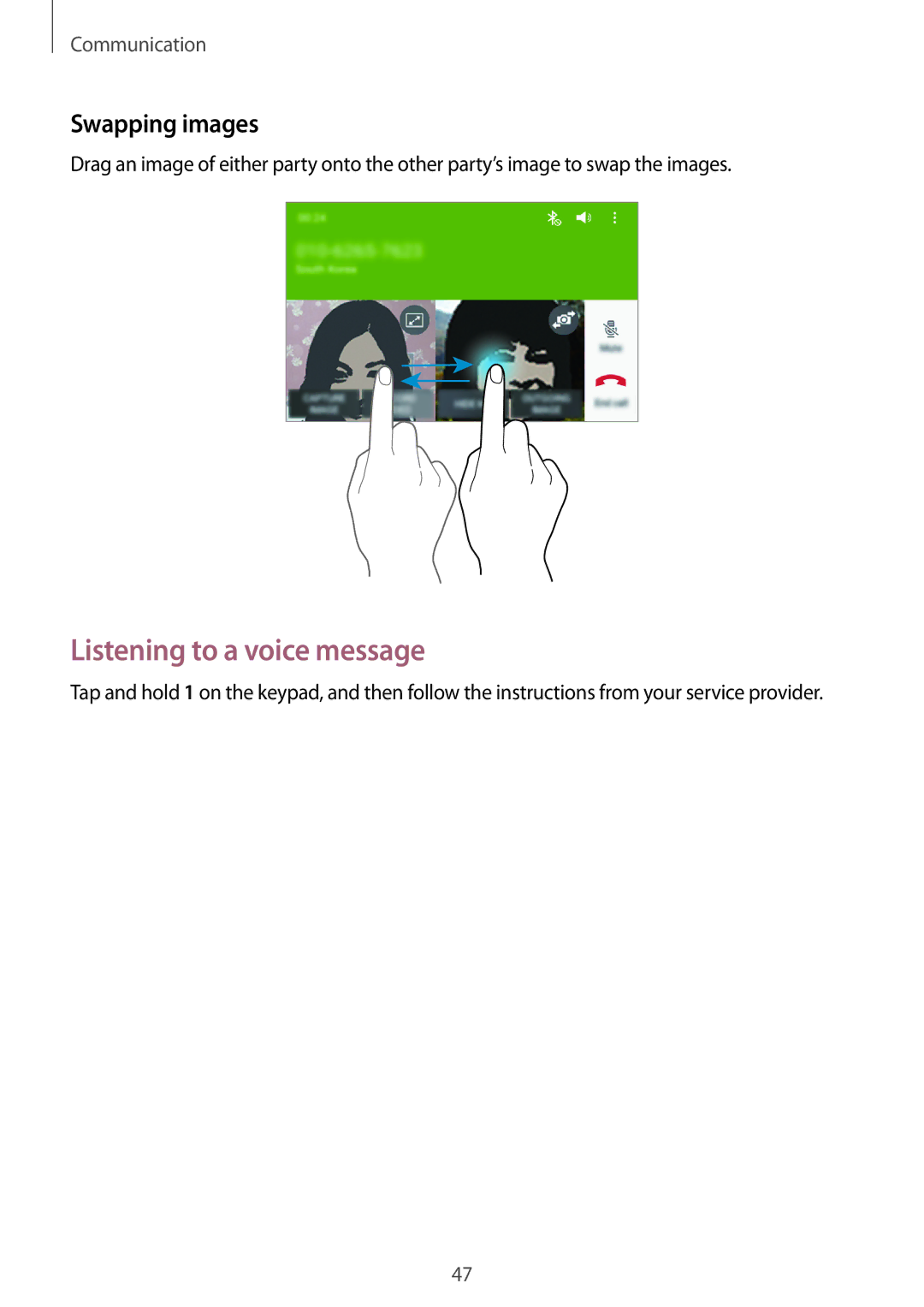 Samsung SM-T331NZWAXXV, SM-T331NYKAKSA, SM-T331NYKAXXV, SM-T331NYKASER manual Listening to a voice message, Swapping images 