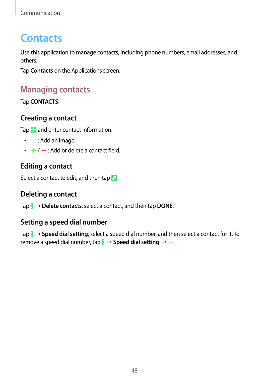 Samsung SM-T331NYKASER, SM-T331NYKAKSA, SM-T331NYKAXXV, SM-T331NZWAXXV, SM-T331NZWASER manual Contacts, Managing contacts 