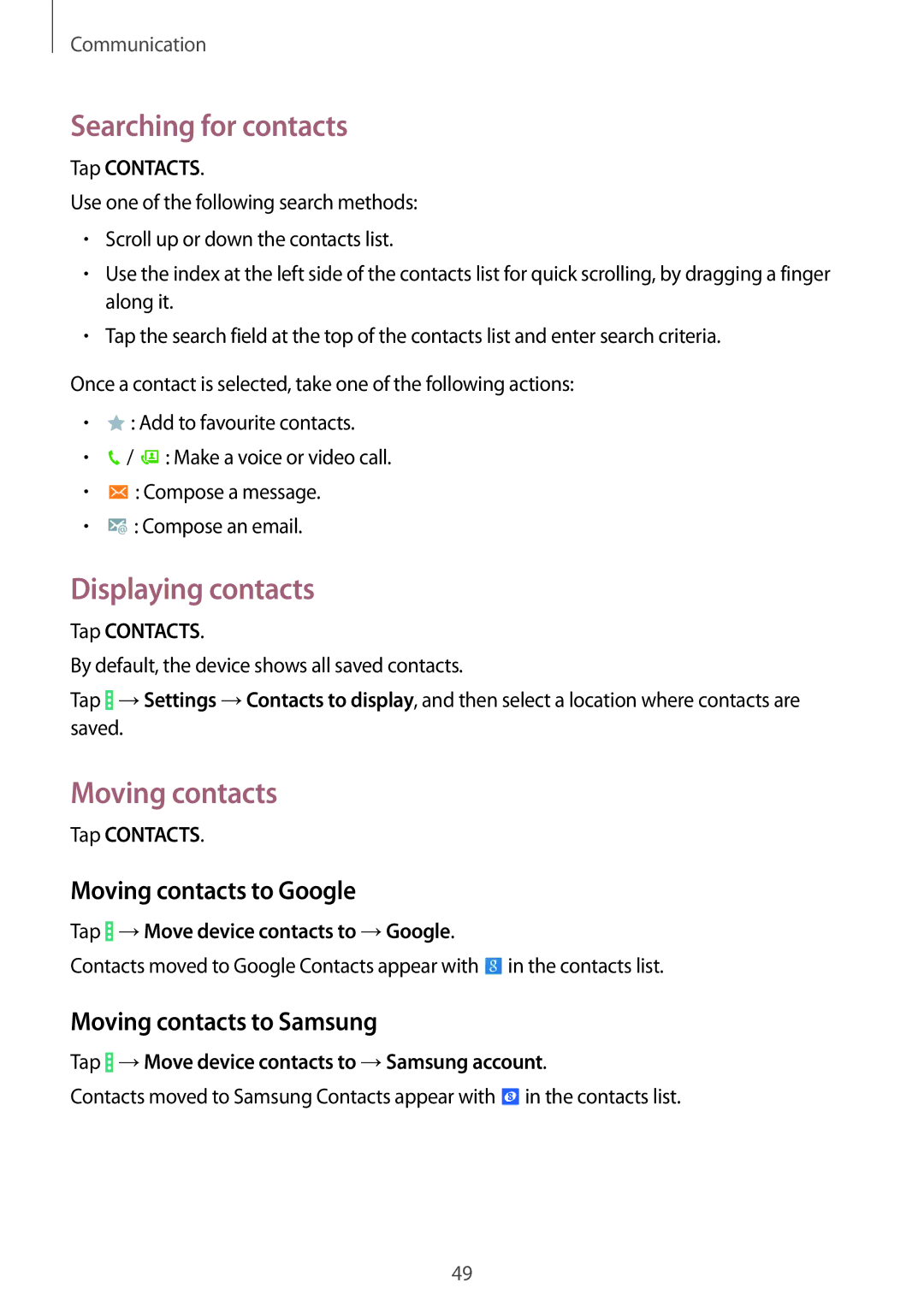 Samsung SM-T331NZWASER, SM-T331NYKAKSA manual Searching for contacts, Displaying contacts, Moving contacts to Google 