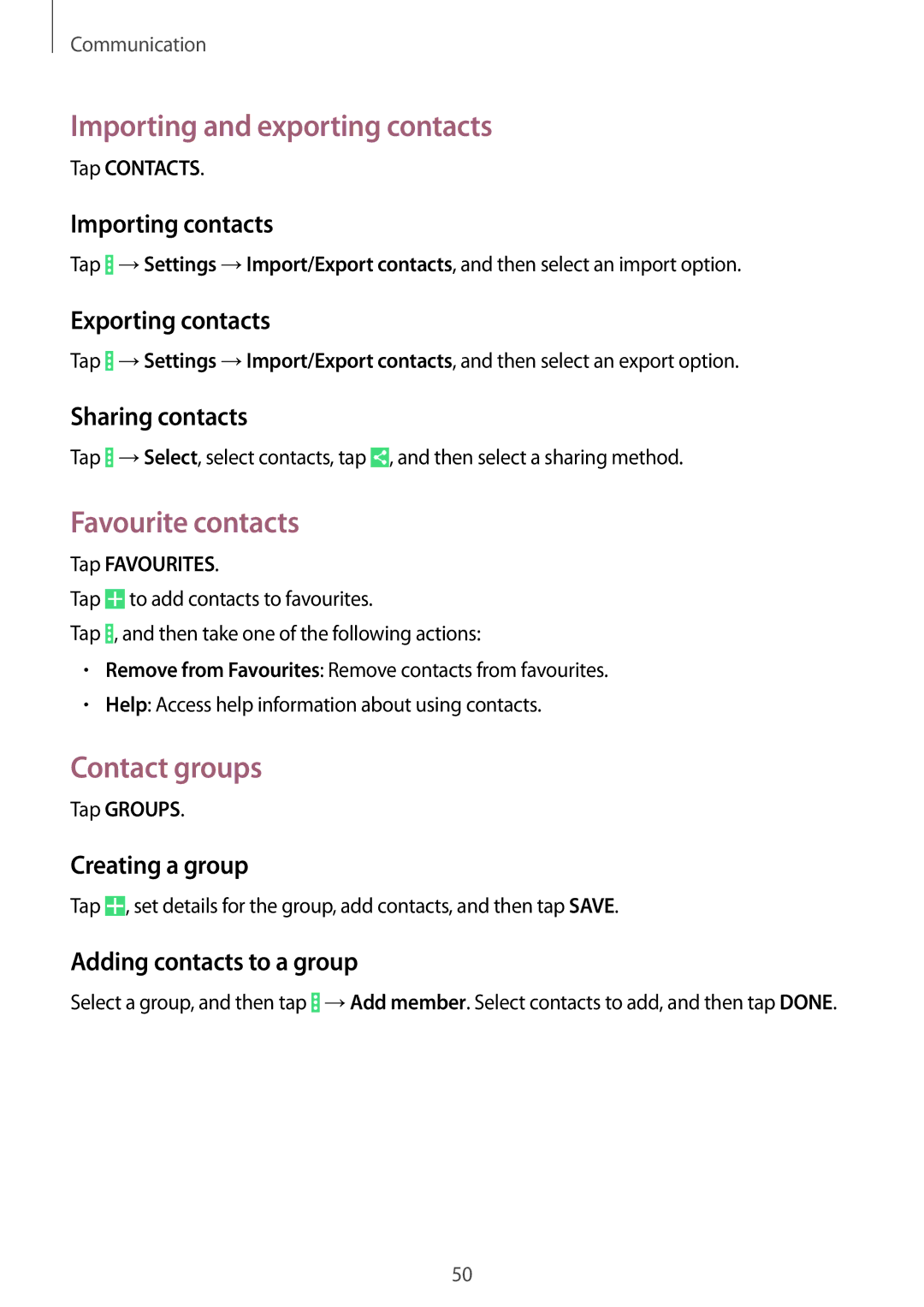 Samsung SM-T331NYKAKSA, SM-T331NYKAXXV, SM-T331NZWAXXV Importing and exporting contacts, Favourite contacts, Contact groups 