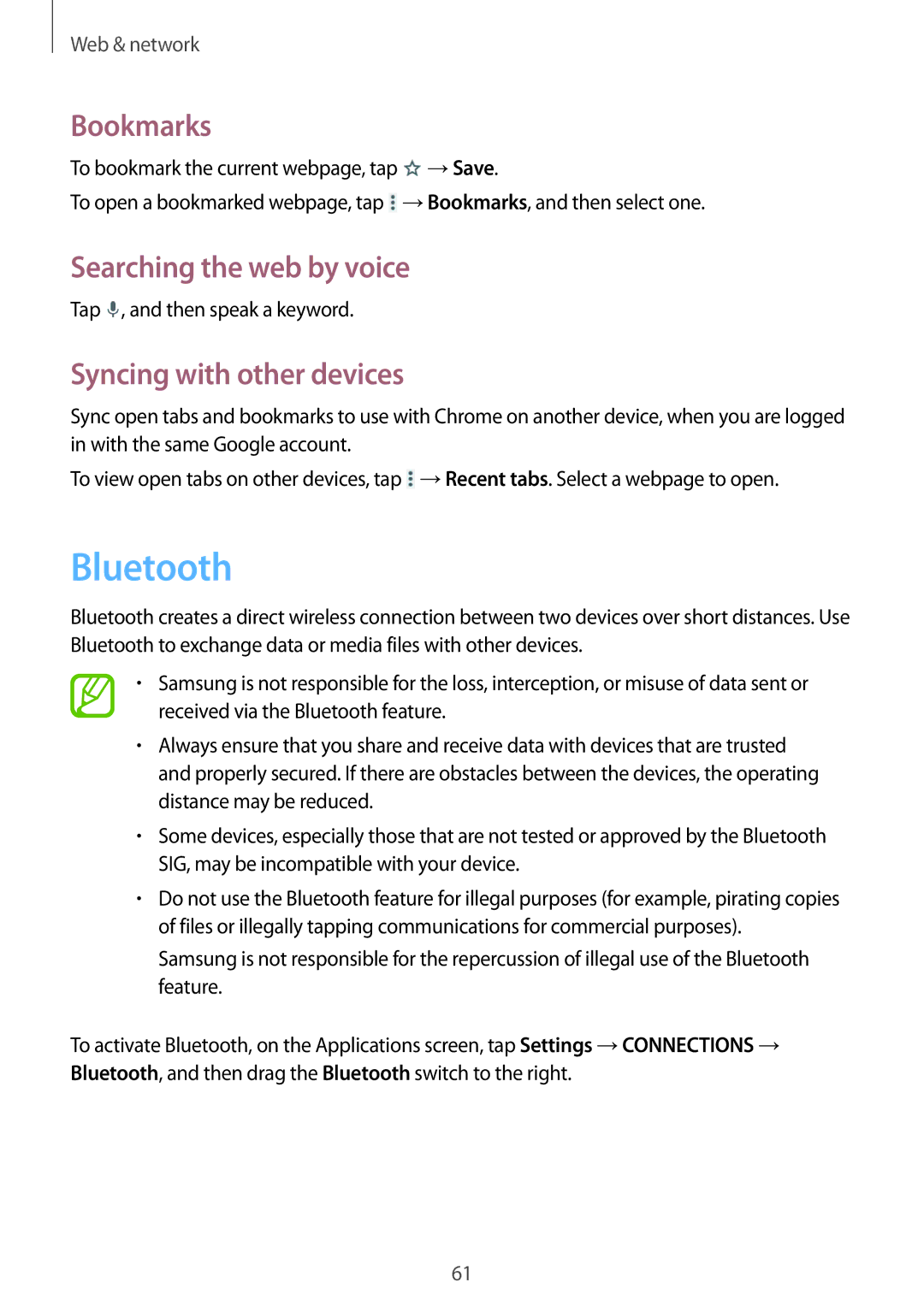 Samsung SM-T331NYKAXXV, SM-T331NYKAKSA, SM-T331NZWAXXV, SM-T331NYKASER, SM-T331NZWASER Bluetooth, Syncing with other devices 