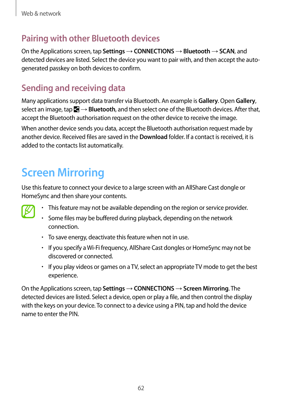 Samsung SM-T331NZWAXXV, SM-T331NYKAKSA Screen Mirroring, Pairing with other Bluetooth devices, Sending and receiving data 