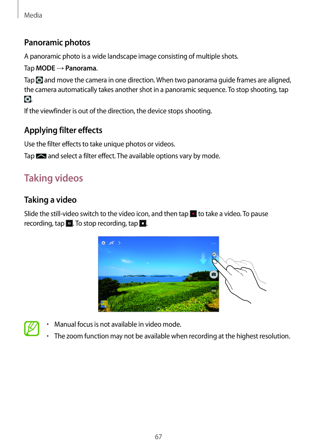 Samsung SM-T331NZWAXXV manual Taking videos, Panoramic photos, Applying filter effects, Taking a video, Tap Mode →Panorama 