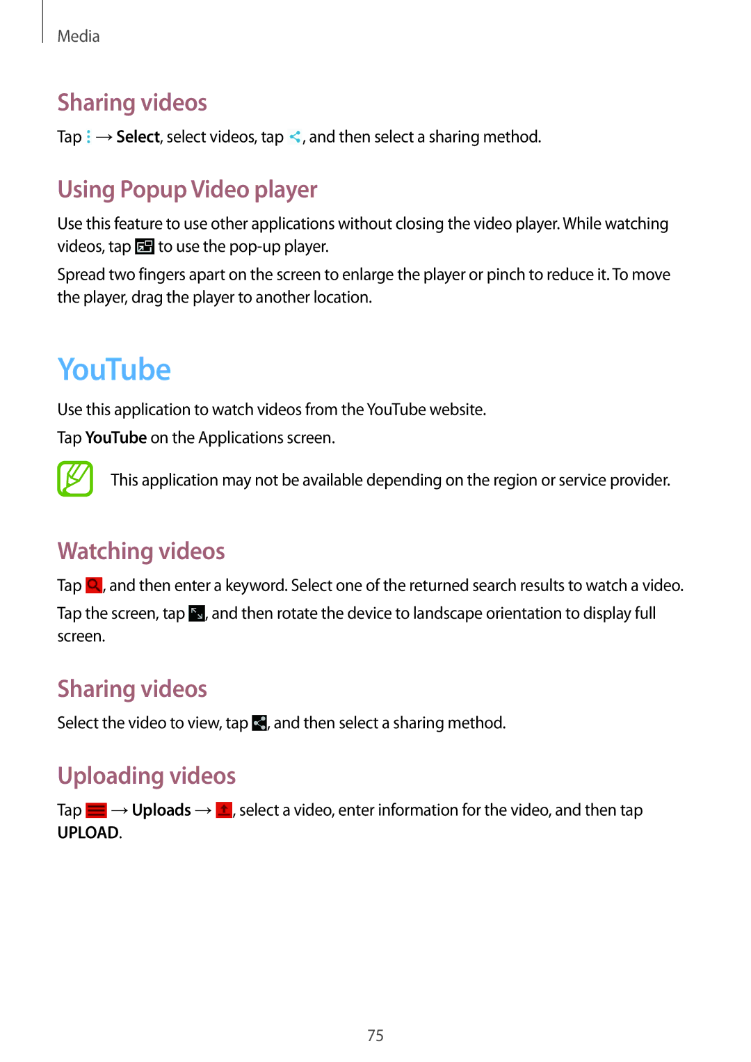 Samsung SM-T331NYKAKSA manual YouTube, Sharing videos, Using Popup Video player, Watching videos, Uploading videos 