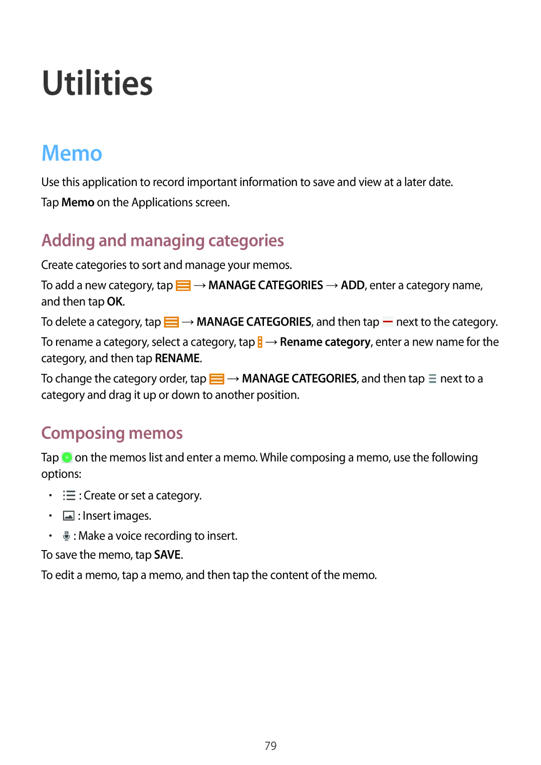 Samsung SM-T331NZWASER, SM-T331NYKAKSA, SM-T331NYKAXXV Utilities, Memo, Adding and managing categories, Composing memos 