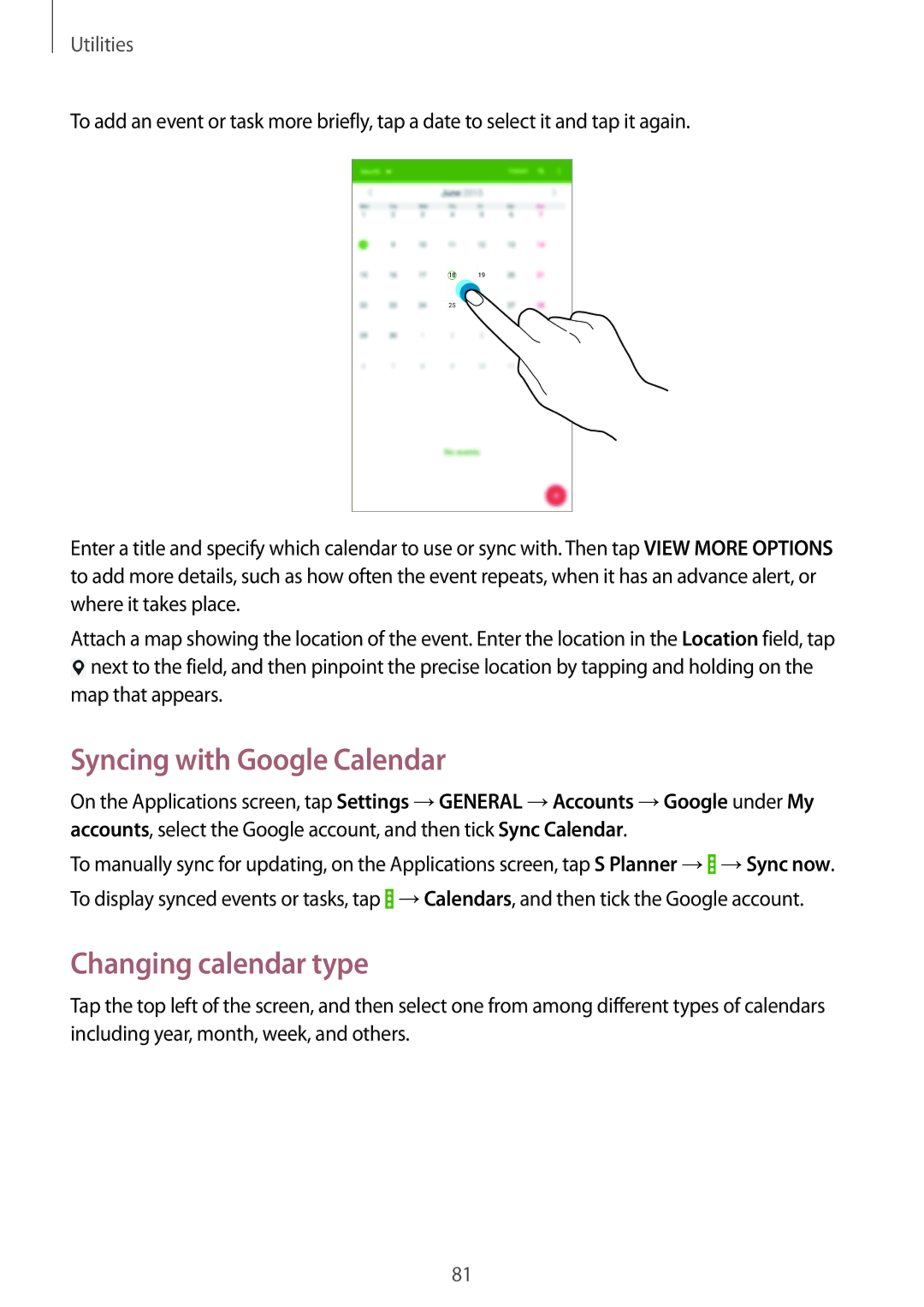 Samsung SM-T331NYKAXXV, SM-T331NYKAKSA, SM-T331NZWAXXV, SM-T331NYKASER Syncing with Google Calendar, Changing calendar type 