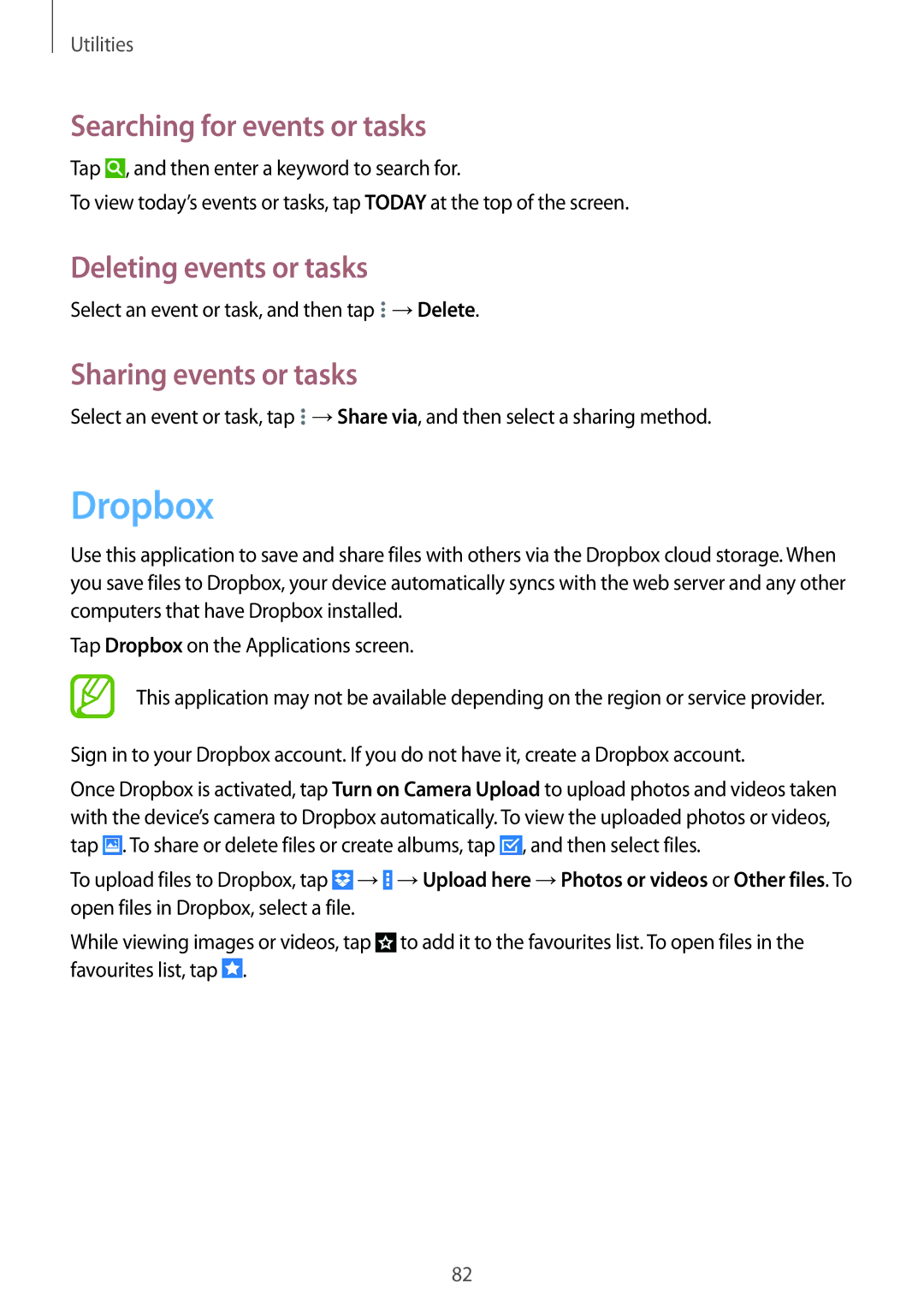 Samsung SM-T331NZWAXXV manual Dropbox, Searching for events or tasks, Deleting events or tasks, Sharing events or tasks 