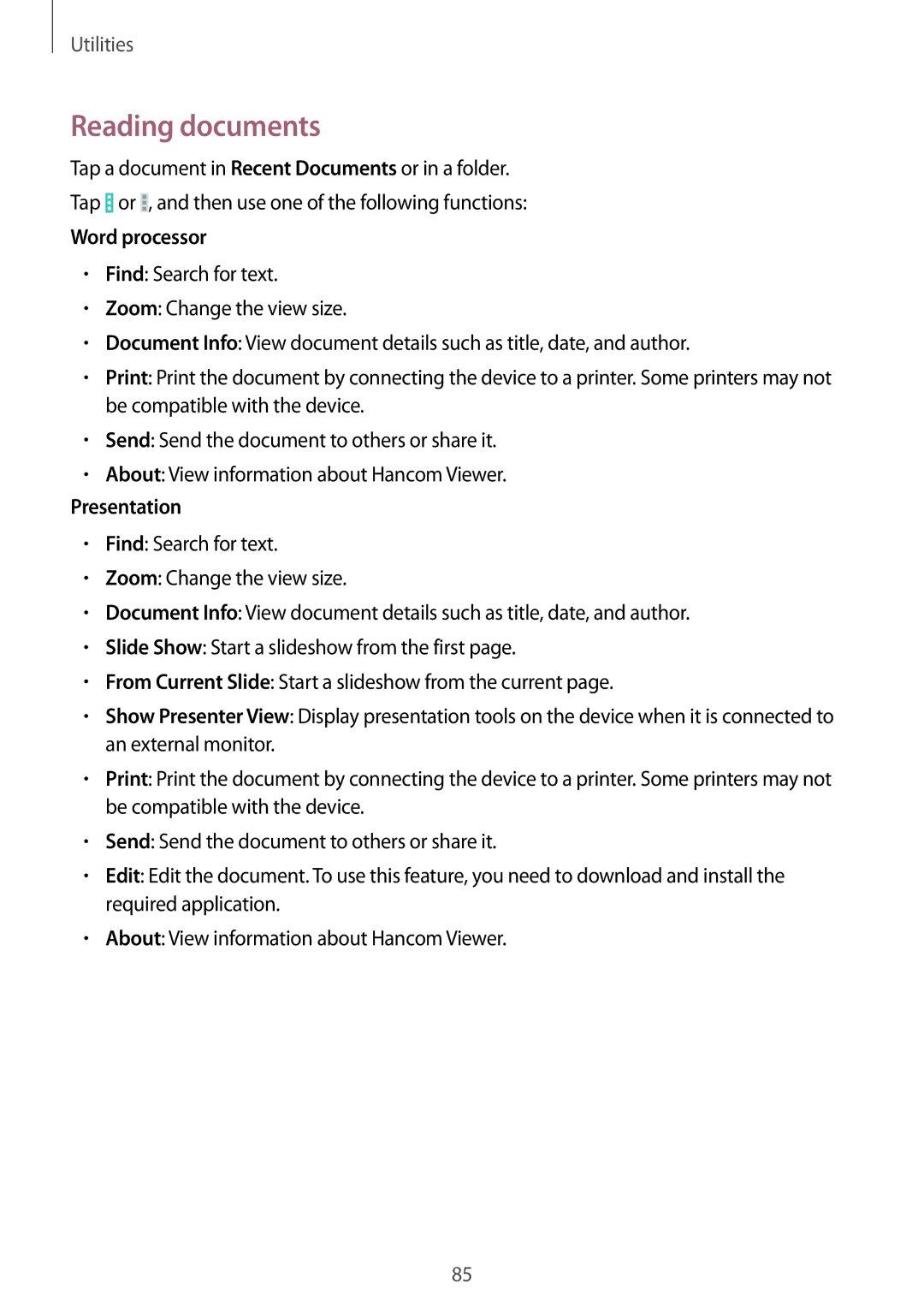 Samsung SM-T331NYKAKSA, SM-T331NYKAXXV, SM-T331NZWAXXV, SM-T331NYKASER manual Reading documents, Word processor, Presentation 