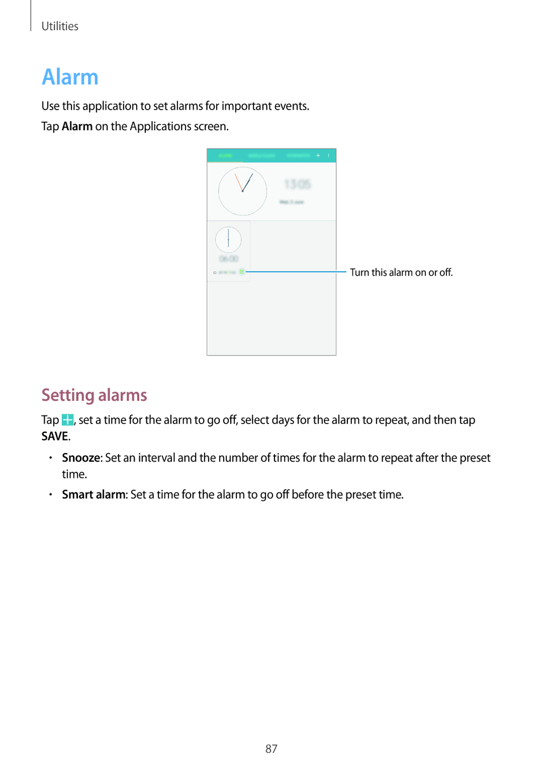 Samsung SM-T331NZWAXXV, SM-T331NYKAKSA, SM-T331NYKAXXV, SM-T331NYKASER, SM-T331NZWASER manual Alarm, Setting alarms 