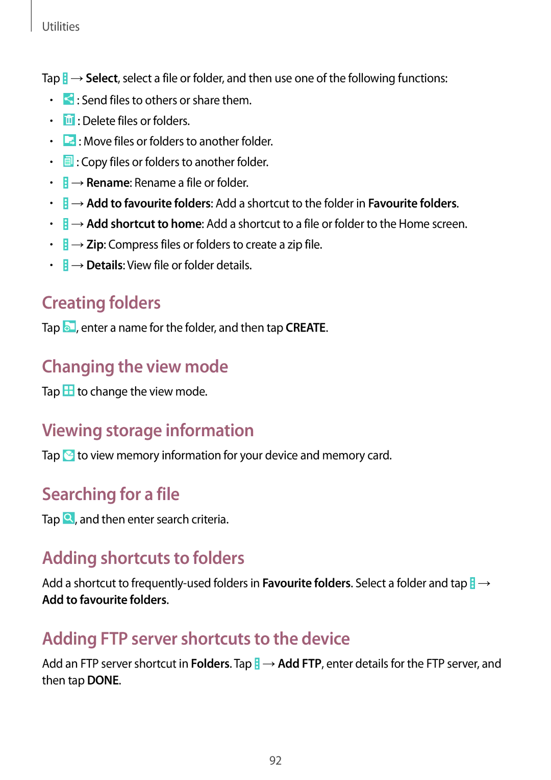 Samsung SM-T331NZWAXXV manual Creating folders, Changing the view mode, Viewing storage information, Searching for a file 