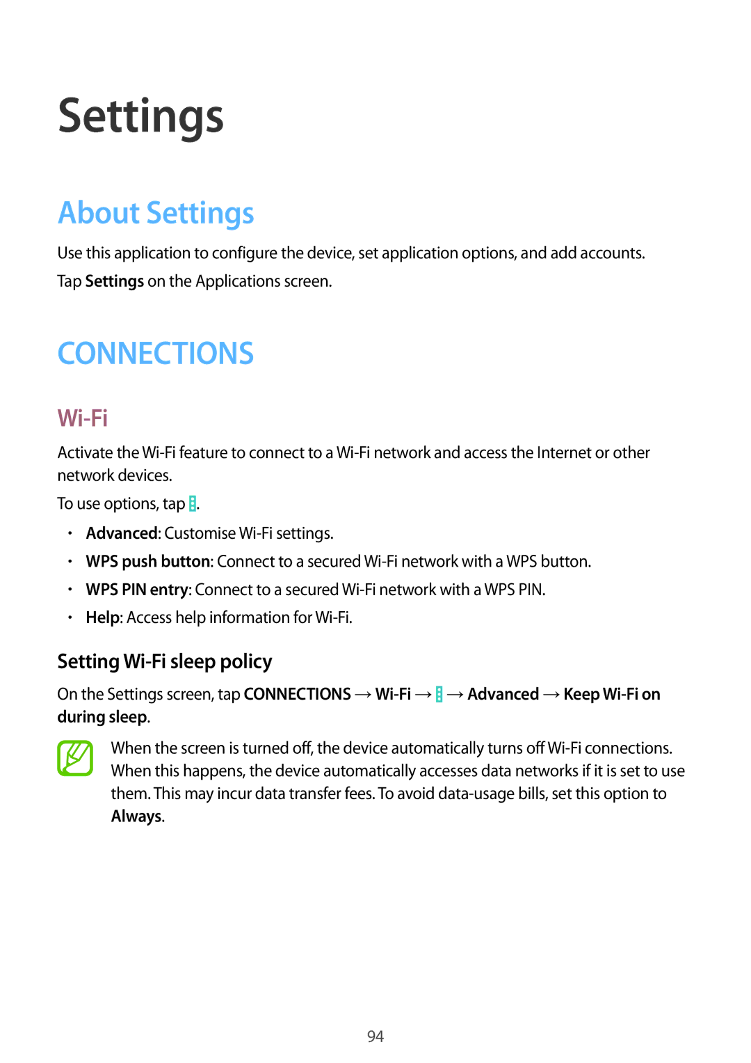 Samsung SM-T331NZWASER, SM-T331NYKAKSA, SM-T331NYKAXXV, SM-T331NZWAXXV About Settings, Setting Wi-Fi sleep policy 