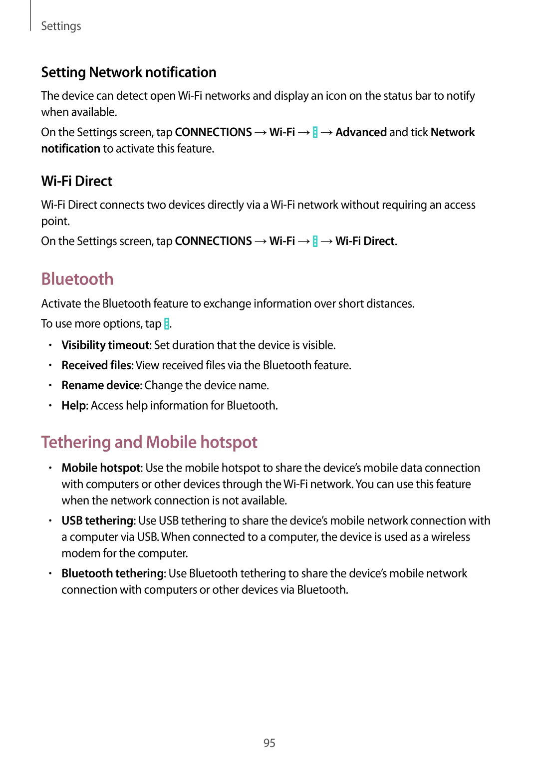 Samsung SM-T331NYKAKSA, SM-T331NYKAXXV Bluetooth, Tethering and Mobile hotspot, Setting Network notification, Wi-Fi Direct 