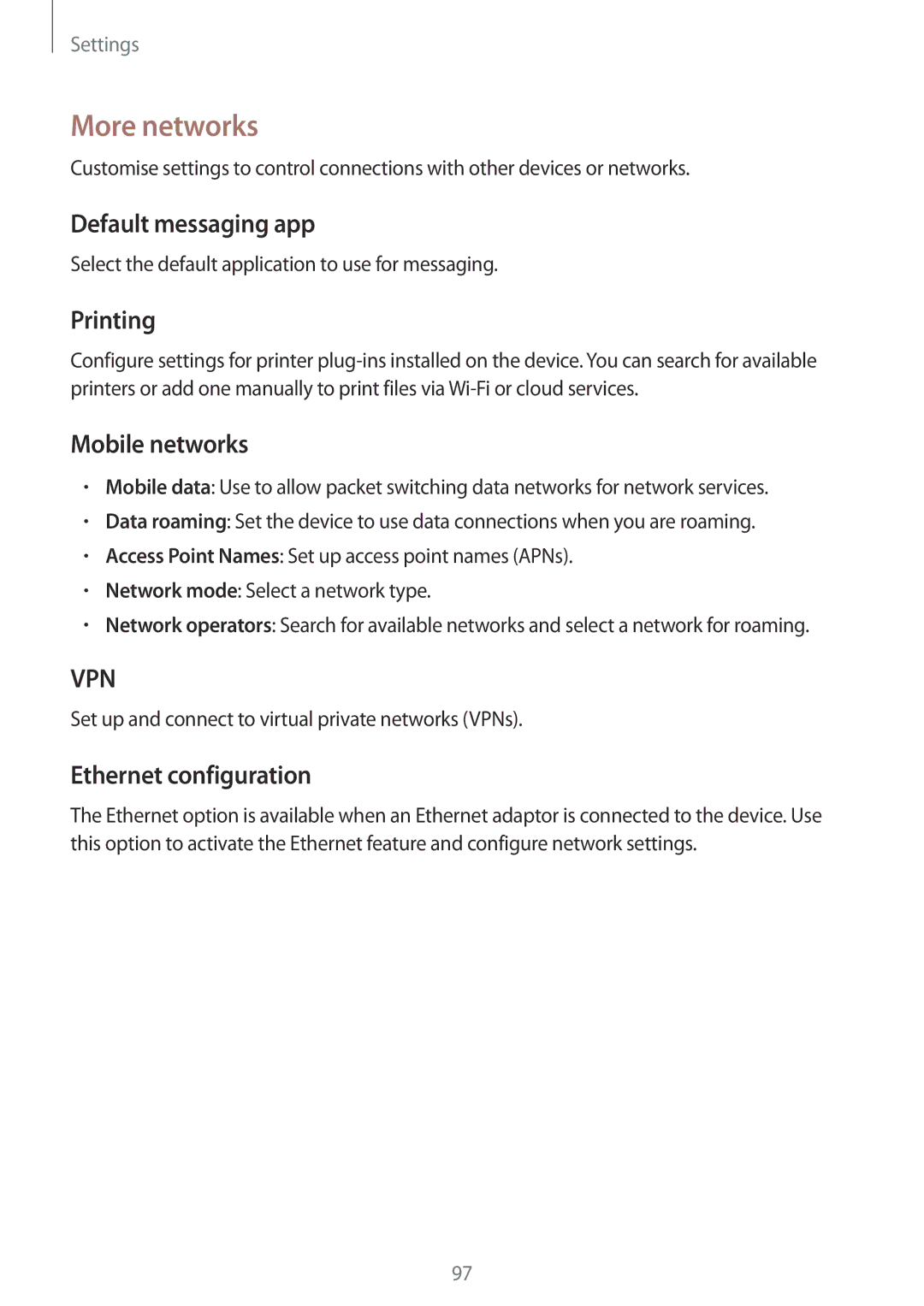 Samsung SM-T331NZWAXXV manual More networks, Default messaging app, Printing, Mobile networks, Ethernet configuration 