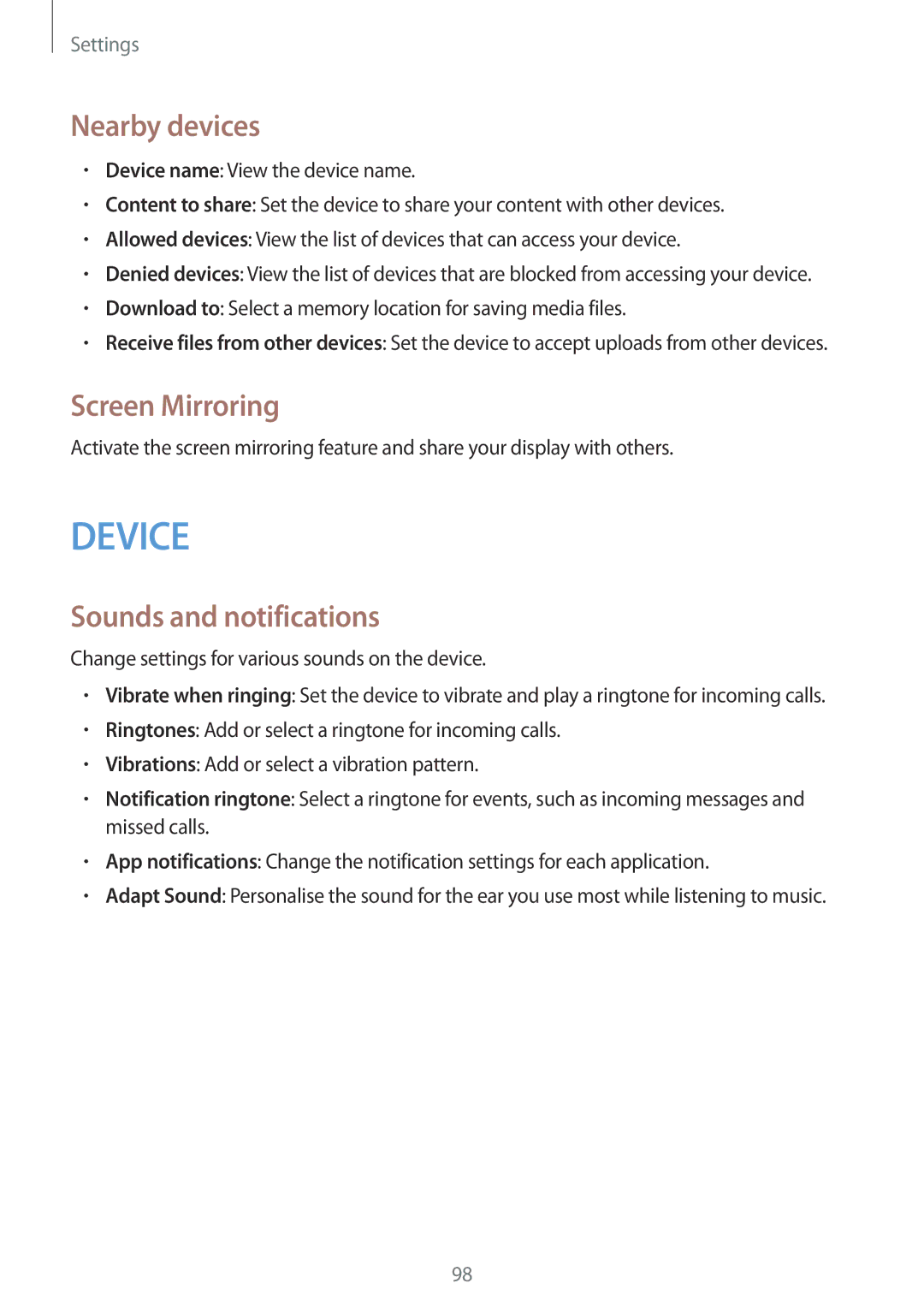 Samsung SM-T331NYKASER, SM-T331NYKAKSA, SM-T331NYKAXXV manual Nearby devices, Screen Mirroring, Sounds and notifications 