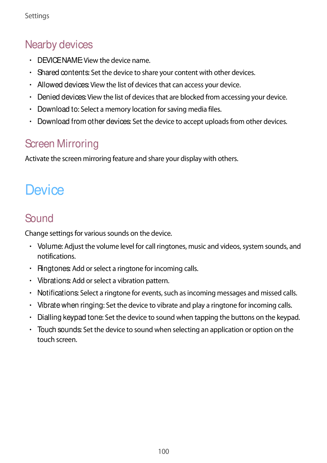 Samsung SM-T331NYKAKSA, SM-T331NYKAXXV, SM-T331NZWAXXV, SM-T331NYKASER manual Device, Nearby devices, Screen Mirroring, Sound 