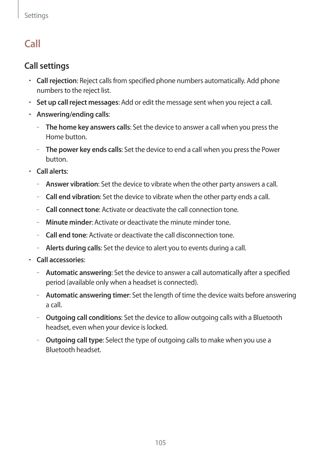 Samsung SM-T331NYKAKSA, SM-T331NYKAXXV manual Call settings, Answering/ending calls, Call alerts, Call accessories 
