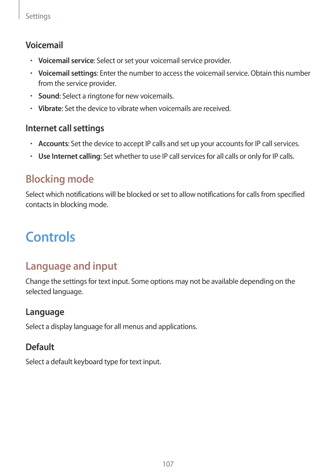 Samsung SM-T331NZWAXXV, SM-T331NYKAKSA, SM-T331NYKAXXV, SM-T331NYKASER manual Controls, Blocking mode, Language and input 