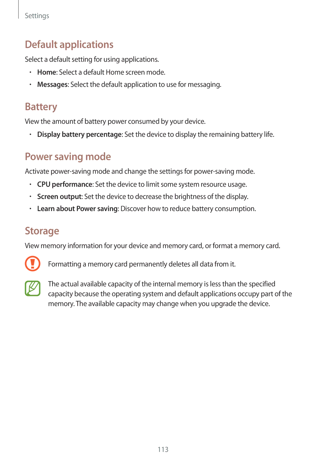 Samsung SM-T331NYKASER, SM-T331NYKAKSA, SM-T331NYKAXXV manual Default applications, Battery, Power saving mode, Storage 