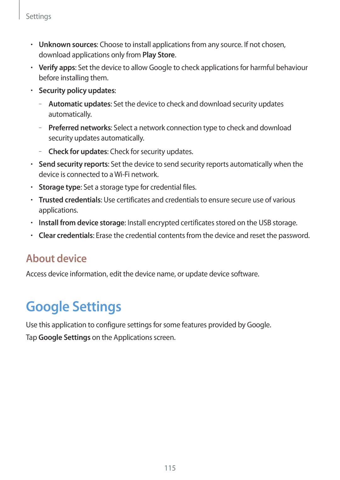 Samsung SM-T331NYKAKSA, SM-T331NYKAXXV, SM-T331NZWAXXV manual Google Settings, About device, Security policy updates 