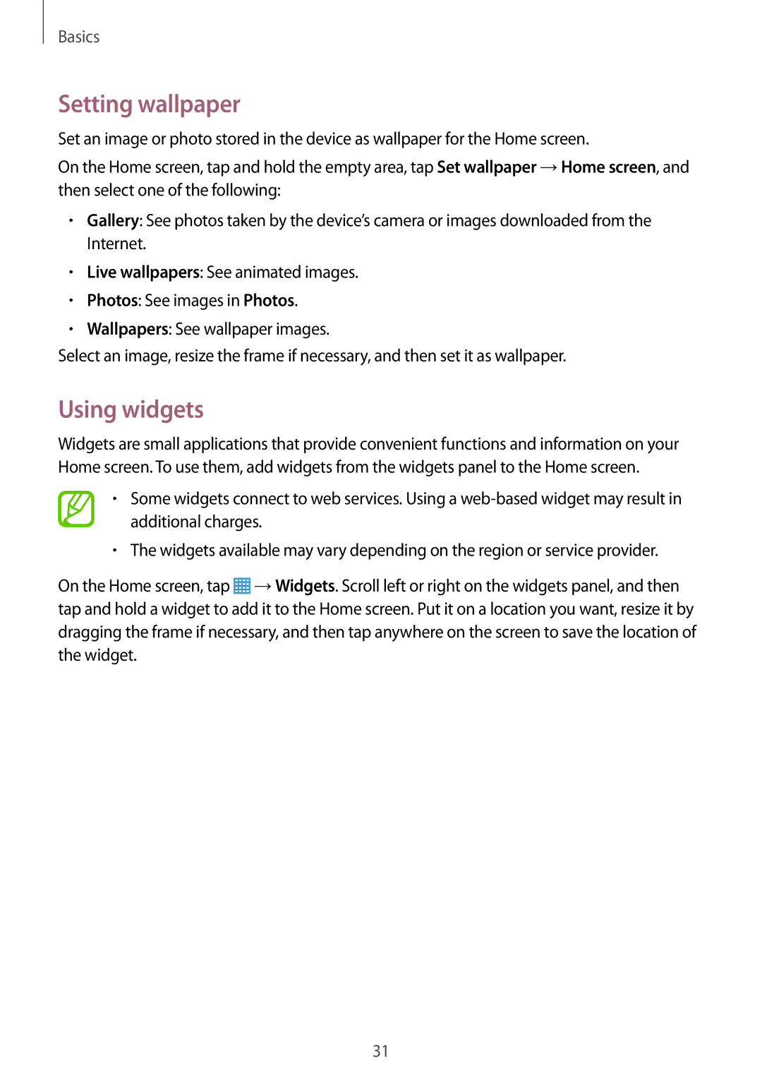 Samsung SM-T331NYKAXXV, SM-T331NYKAKSA, SM-T331NZWAXXV, SM-T331NYKASER, SM-T331NZWASER manual Setting wallpaper, Using widgets 