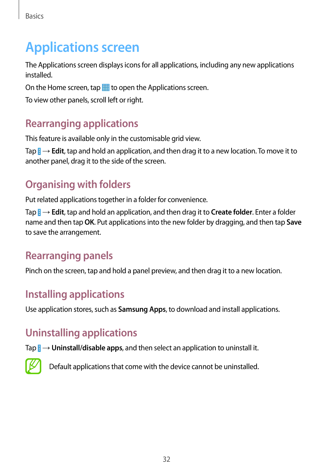 Samsung SM-T331NZWAXXV Applications screen, Rearranging applications, Organising with folders, Installing applications 