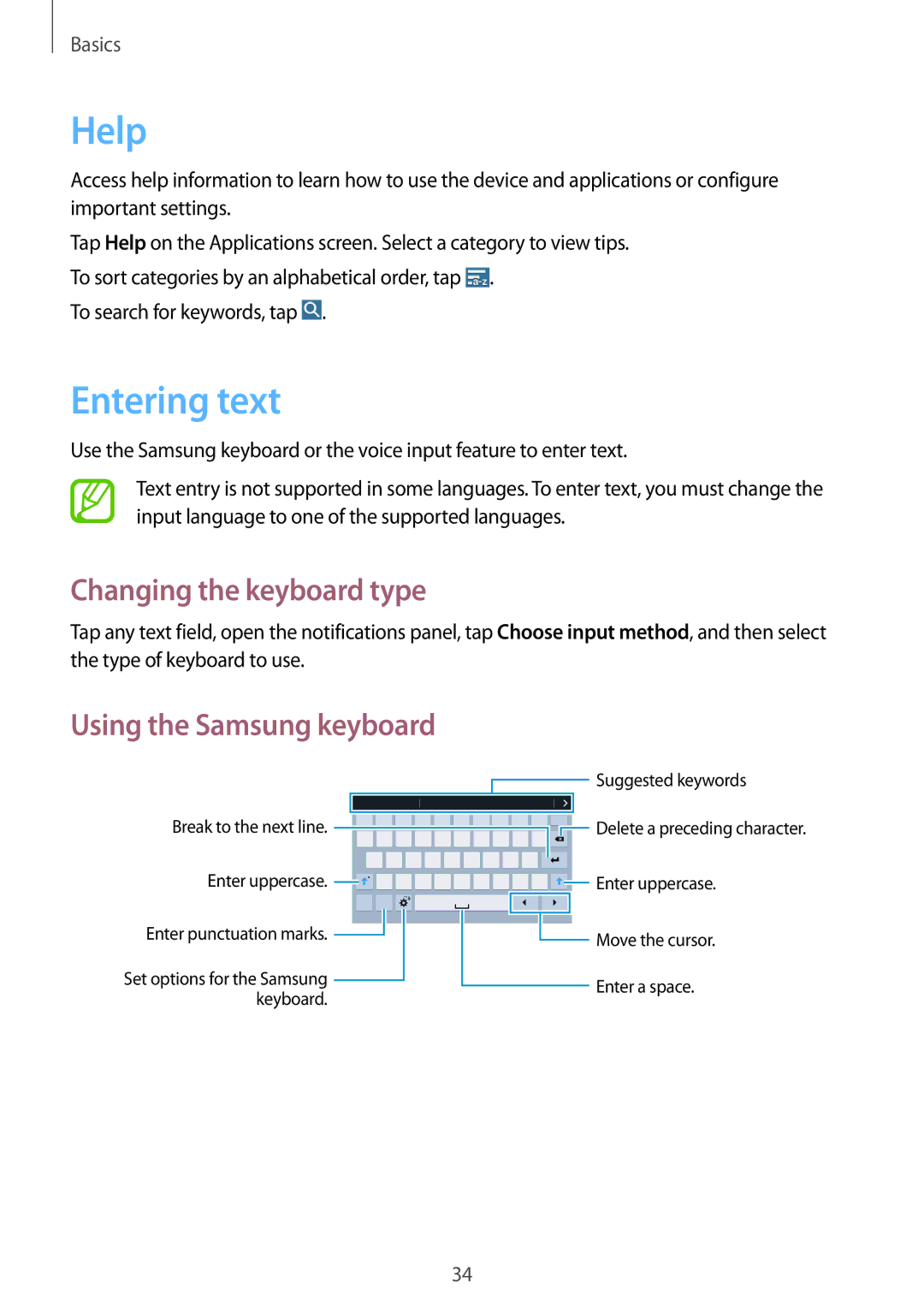 Samsung SM-T331NZWASER, SM-T331NYKAKSA, SM-T331NYKAXXV, SM-T331NZWAXXV manual Help, Entering text, Changing the keyboard type 