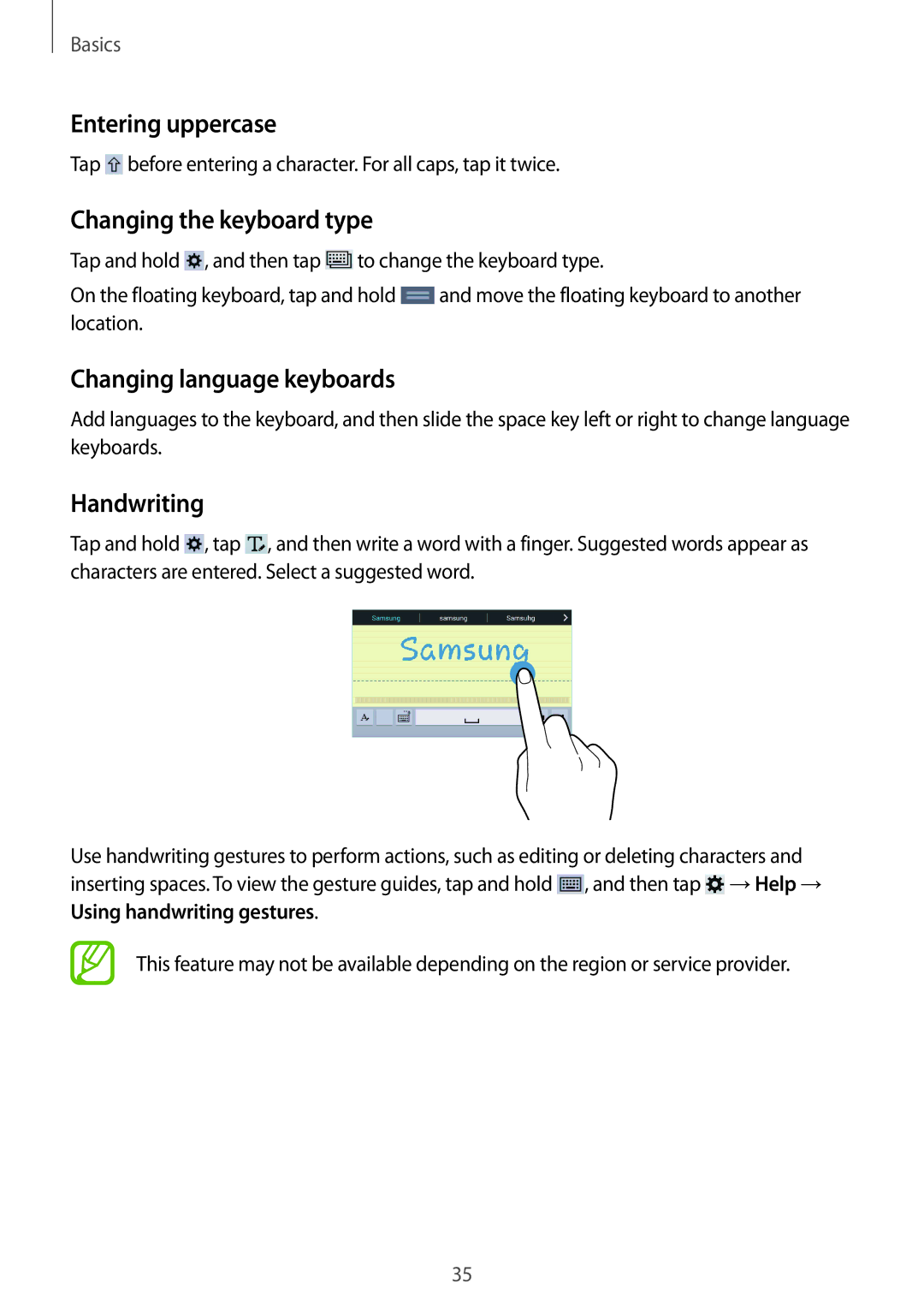 Samsung SM-T331NYKAKSA manual Entering uppercase, Changing the keyboard type, Changing language keyboards, Handwriting 