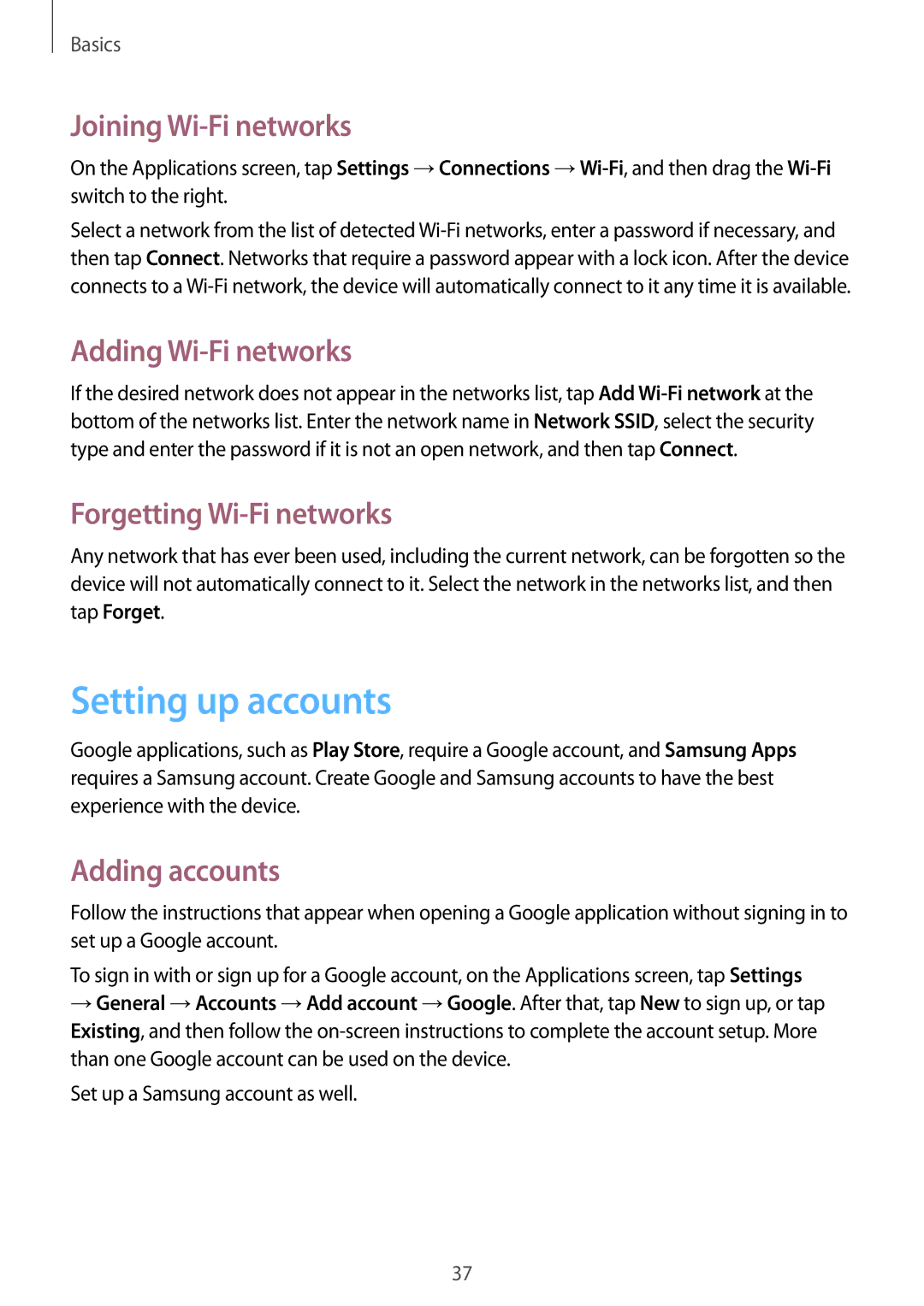 Samsung SM-T331NZWAXXV manual Setting up accounts, Joining Wi-Fi networks, Adding Wi-Fi networks, Forgetting Wi-Fi networks 