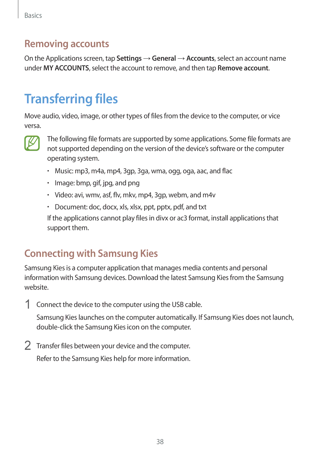 Samsung SM-T331NYKASER, SM-T331NYKAKSA, SM-T331NYKAXXV Transferring files, Removing accounts, Connecting with Samsung Kies 