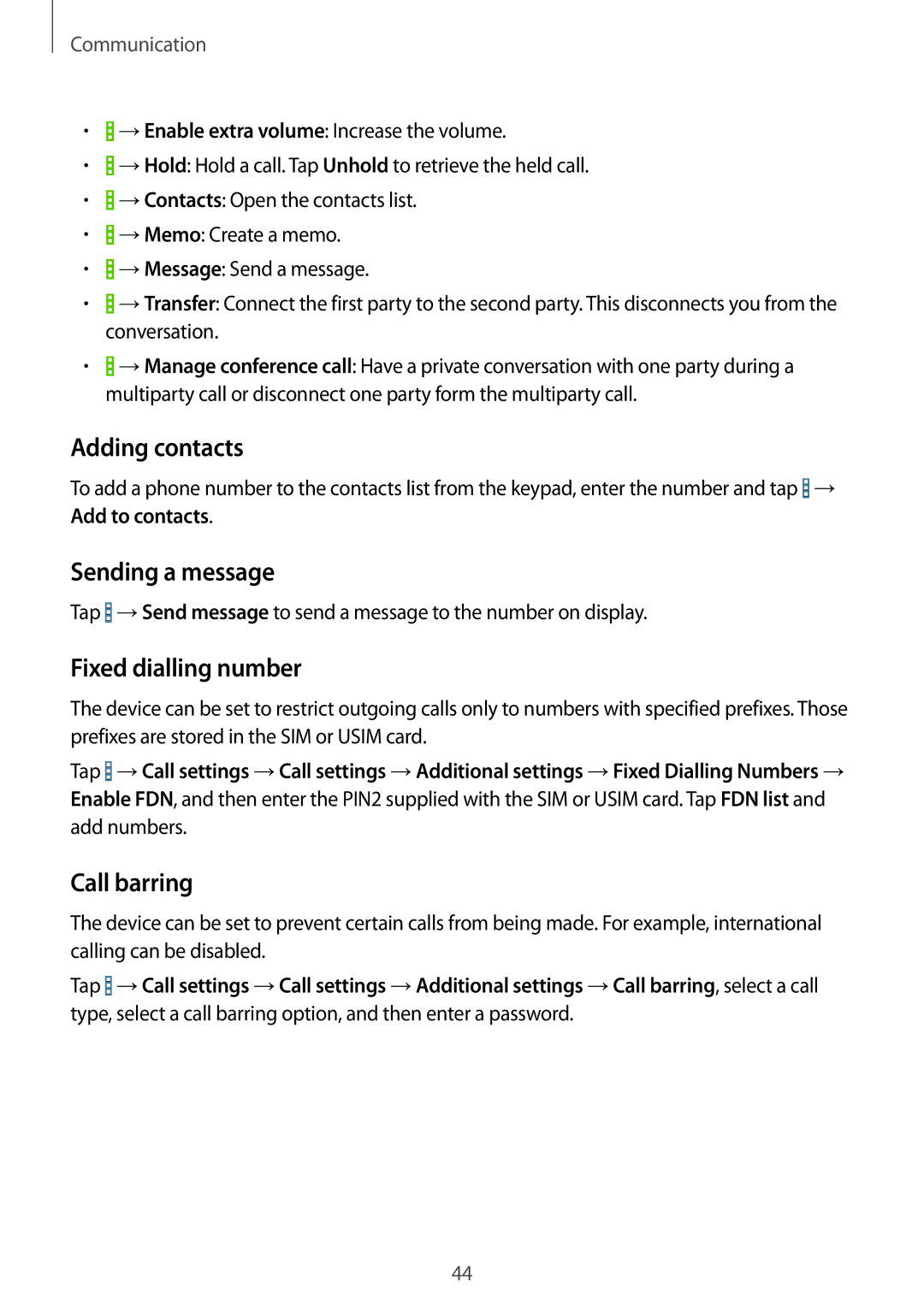 Samsung SM-T331NZWASER, SM-T331NYKAKSA manual Adding contacts, Sending a message, Fixed dialling number, Call barring 