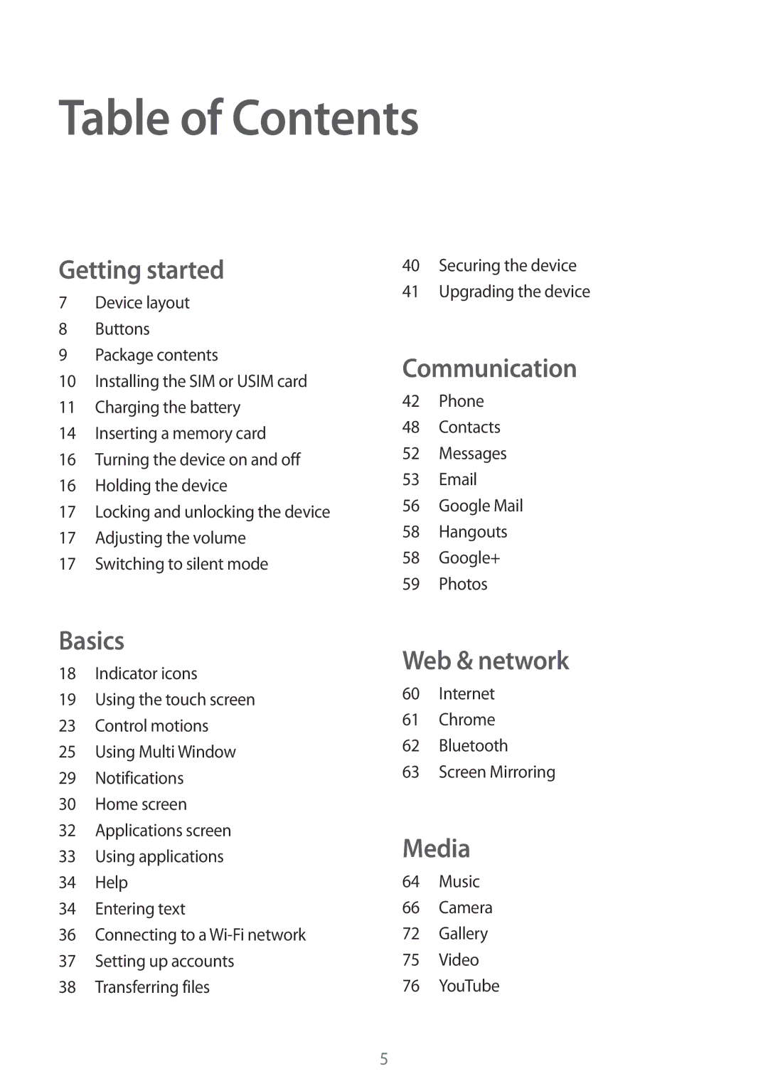 Samsung SM-T331NYKAKSA, SM-T331NYKAXXV, SM-T331NZWAXXV, SM-T331NYKASER, SM-T331NZWASER manual Table of Contents 