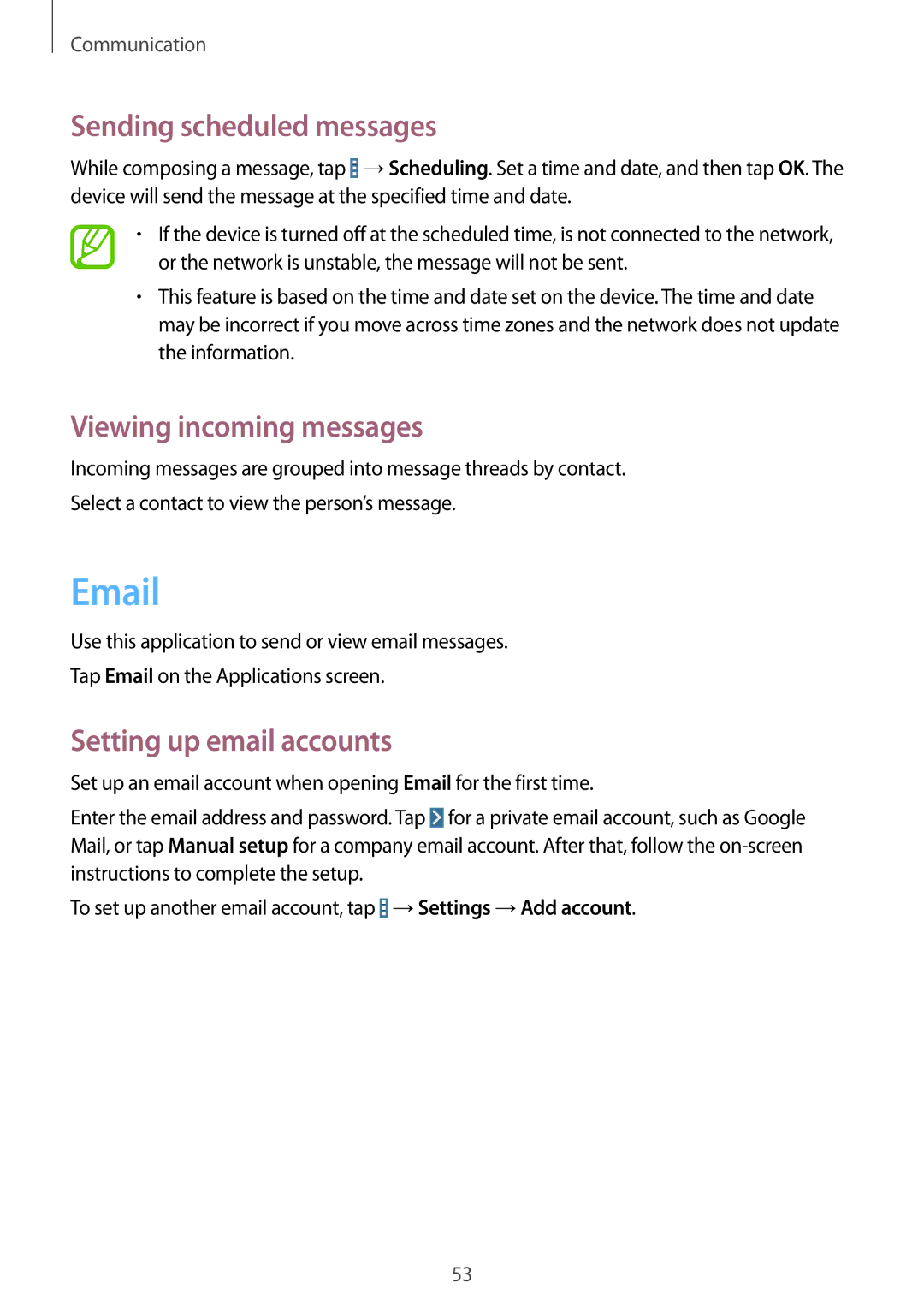 Samsung SM-T331NYKASER, SM-T331NYKAKSA Sending scheduled messages, Viewing incoming messages, Setting up email accounts 