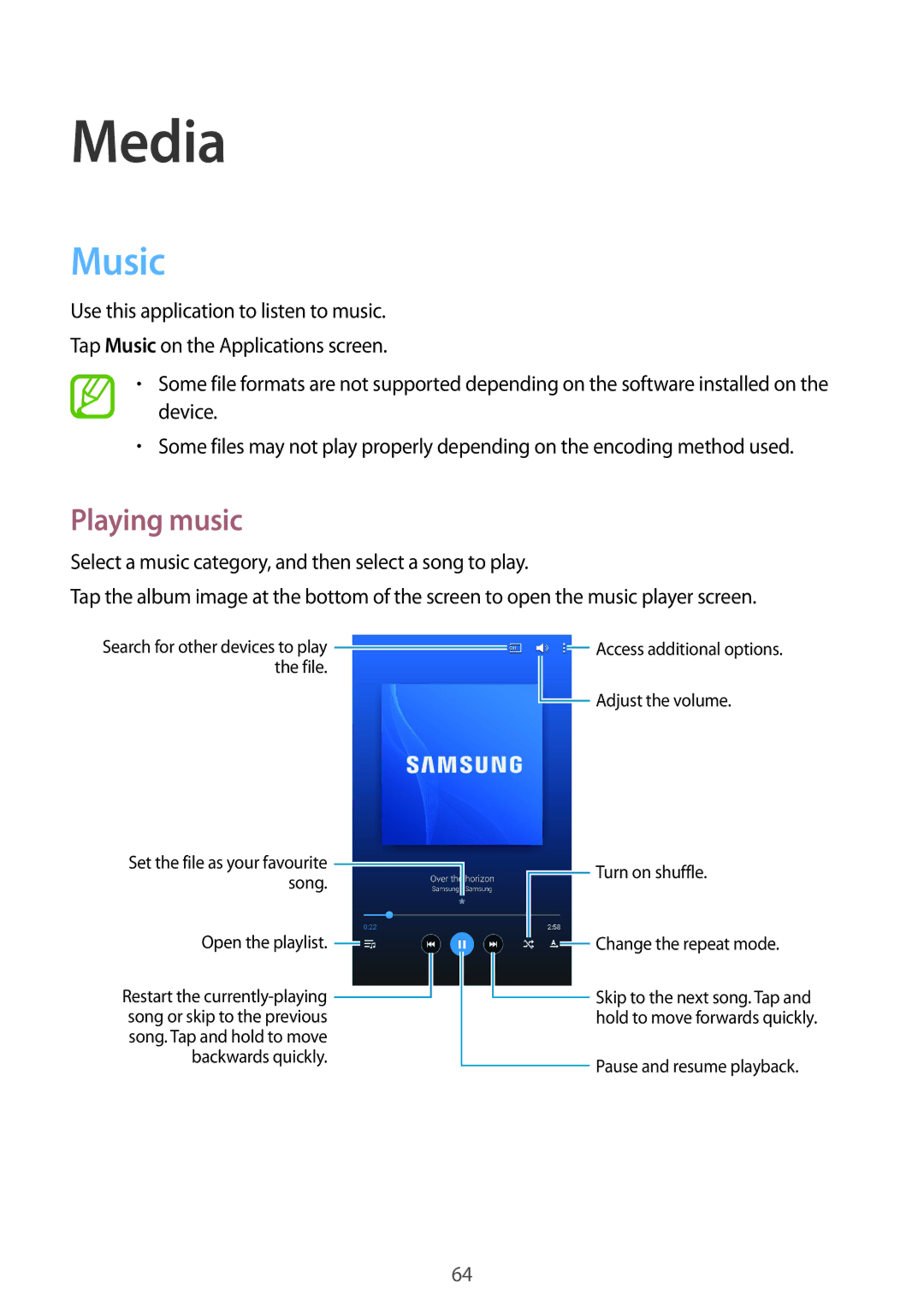 Samsung SM-T331NZWASER, SM-T331NYKAKSA, SM-T331NYKAXXV, SM-T331NZWAXXV, SM-T331NYKASER manual Media, Music, Playing music 