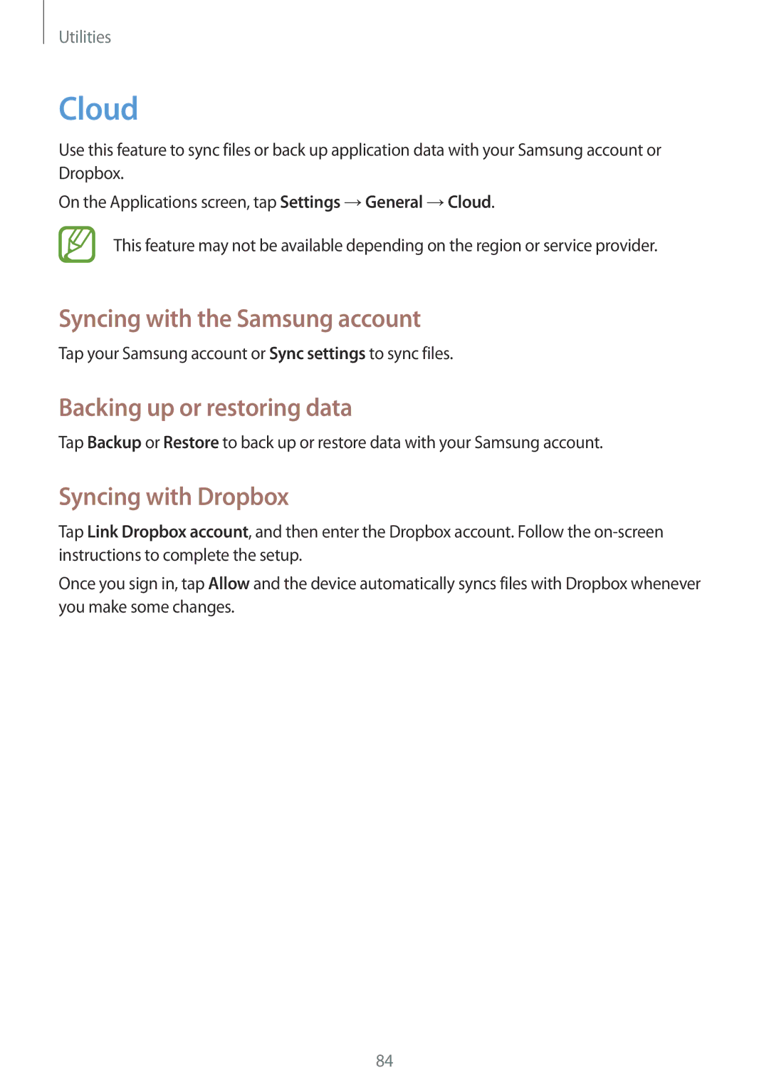 Samsung SM-T331NZWASER manual Cloud, Syncing with the Samsung account, Backing up or restoring data, Syncing with Dropbox 