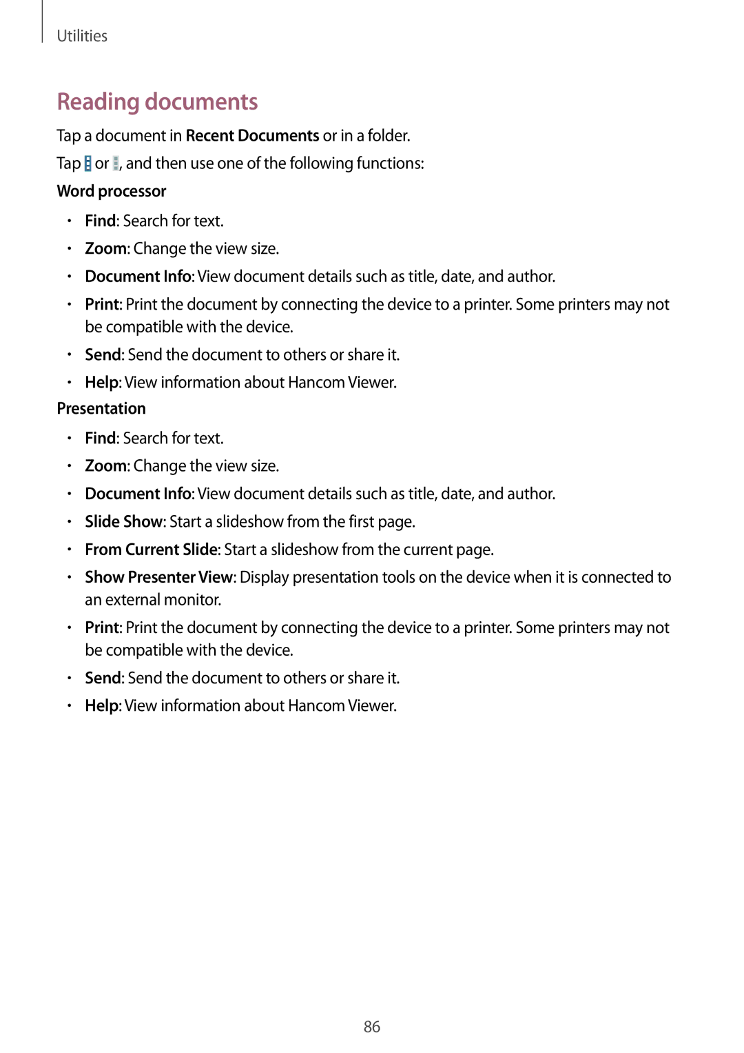 Samsung SM-T331NYKAXXV, SM-T331NYKAKSA, SM-T331NZWAXXV, SM-T331NYKASER manual Reading documents, Word processor, Presentation 