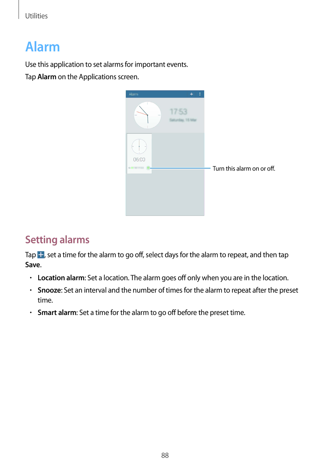 Samsung SM-T331NYKASER, SM-T331NYKAKSA, SM-T331NYKAXXV, SM-T331NZWAXXV, SM-T331NZWASER manual Alarm, Setting alarms 