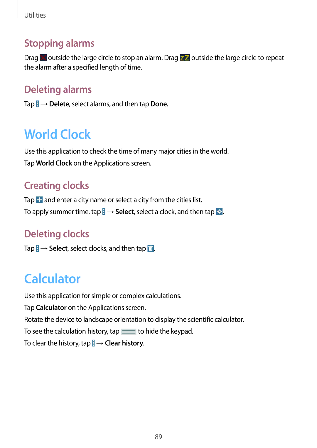 Samsung SM-T331NZWASER, SM-T331NYKAKSA, SM-T331NYKAXXV, SM-T331NZWAXXV, SM-T331NYKASER manual World Clock, Calculator 