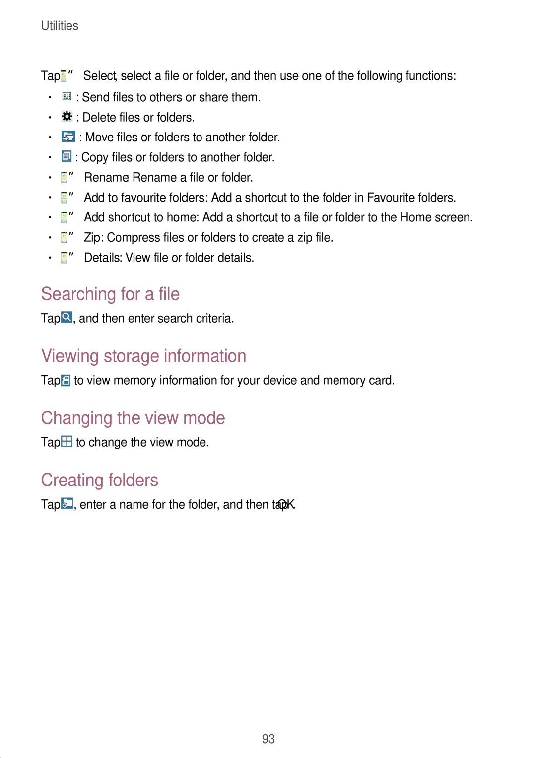 Samsung SM-T331NYKASER manual Searching for a file, Viewing storage information, Changing the view mode, Creating folders 