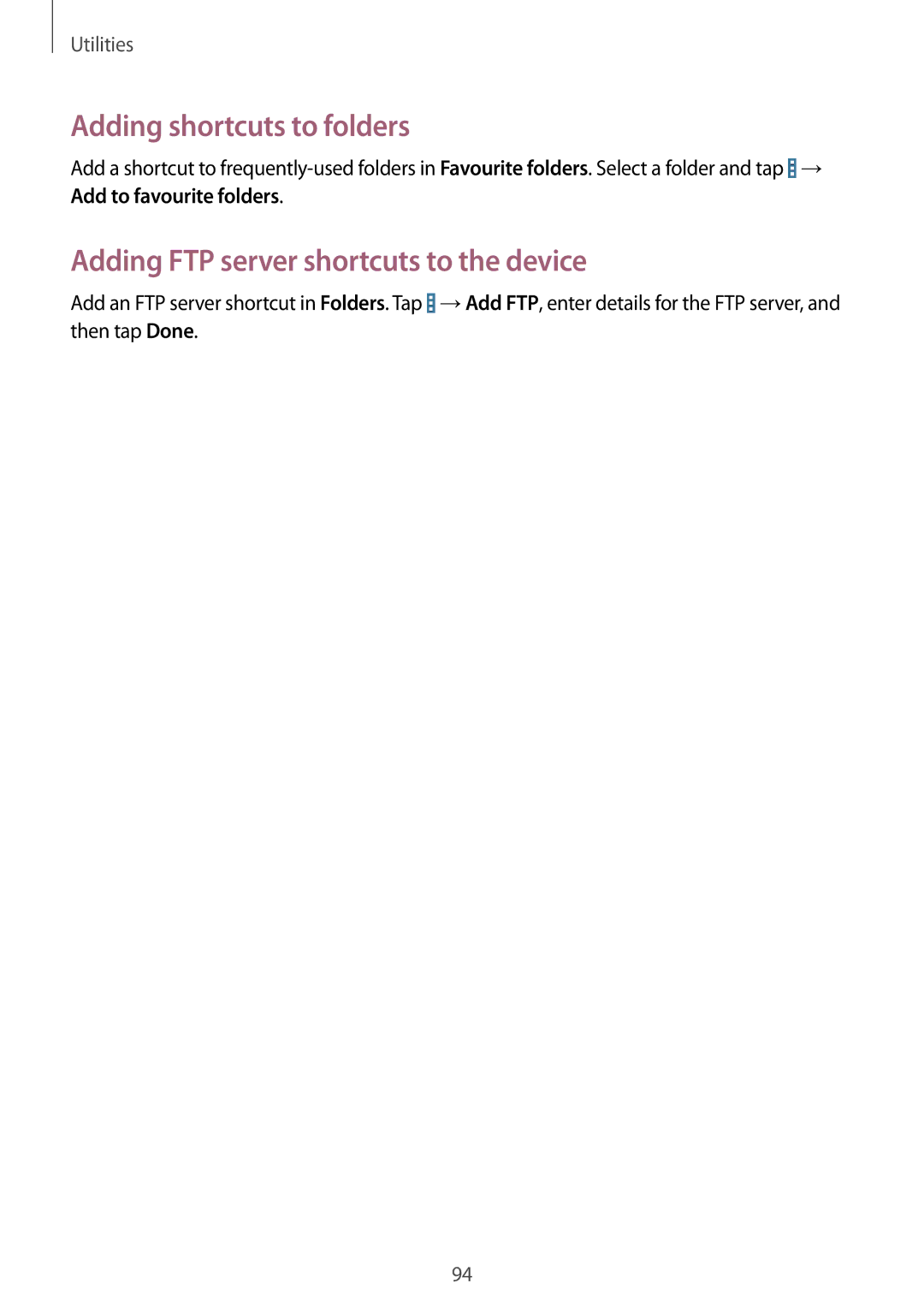 Samsung SM-T331NZWASER, SM-T331NYKAKSA manual Adding shortcuts to folders, Adding FTP server shortcuts to the device 