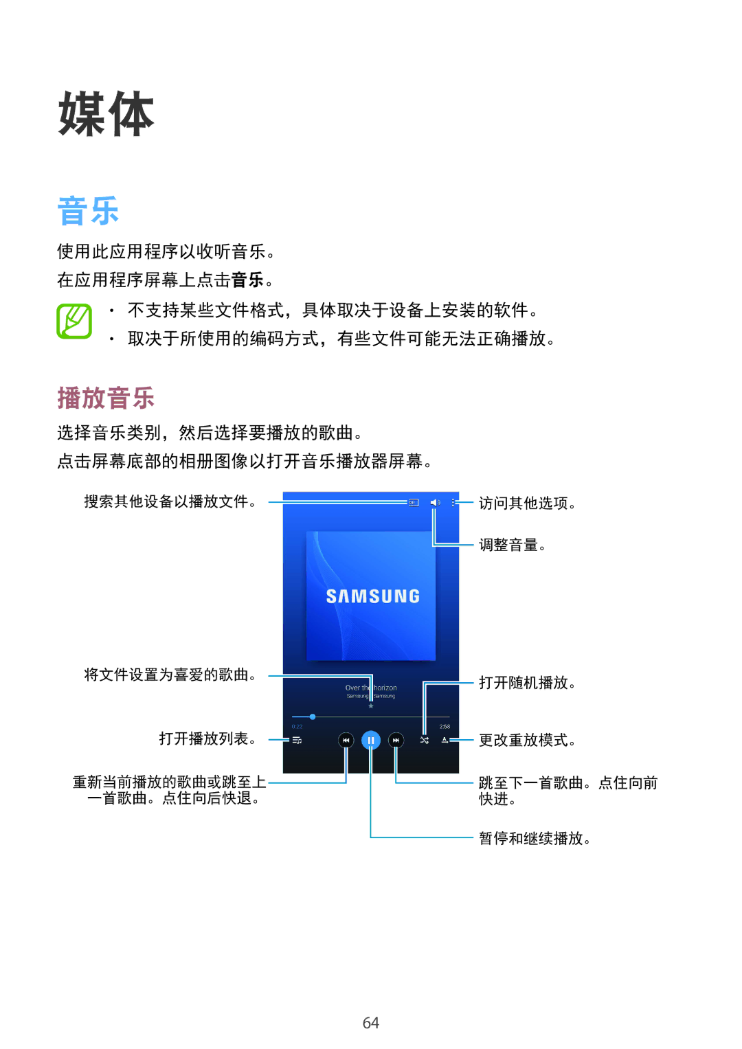 Samsung SM-T331NYKAXXV, SM-T331NZWAXXV manual 播放音乐, 选择音乐类别，然后选择要播放的歌曲。 点击屏幕底部的相册图像以打开音乐播放器屏幕。 