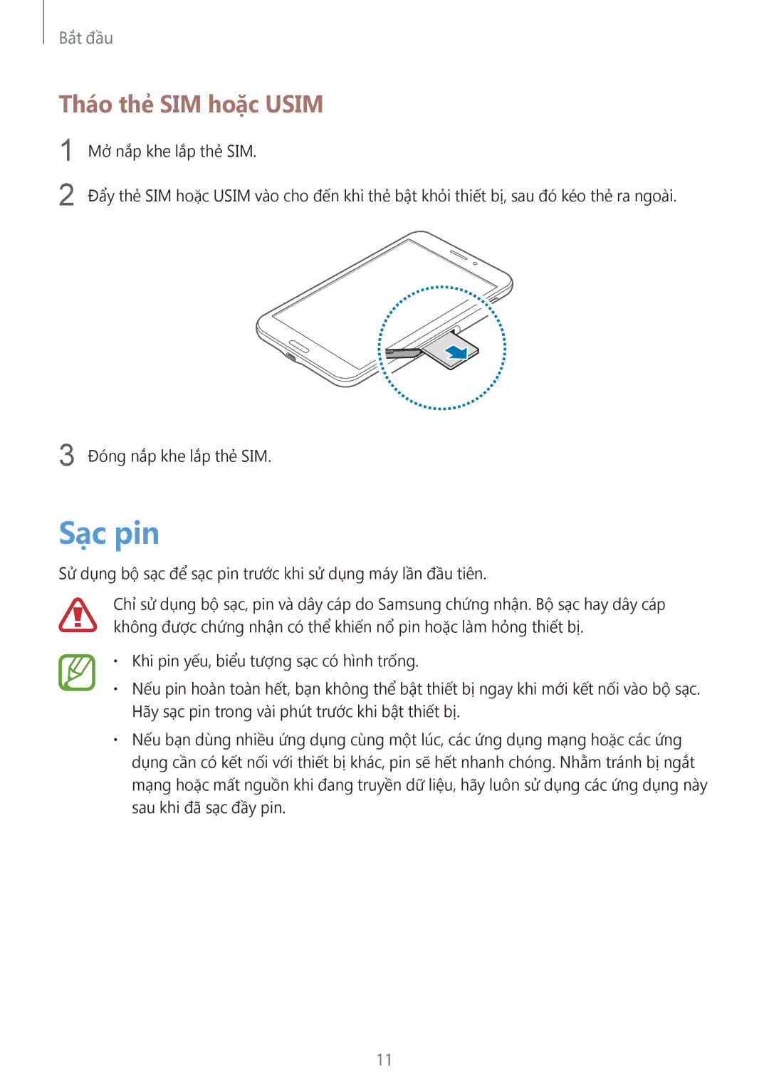 Samsung SM-T331NZWAXXV, SM-T331NYKAXXV manual Sạc pin, Tháo thẻ SIM hoặc Usim 