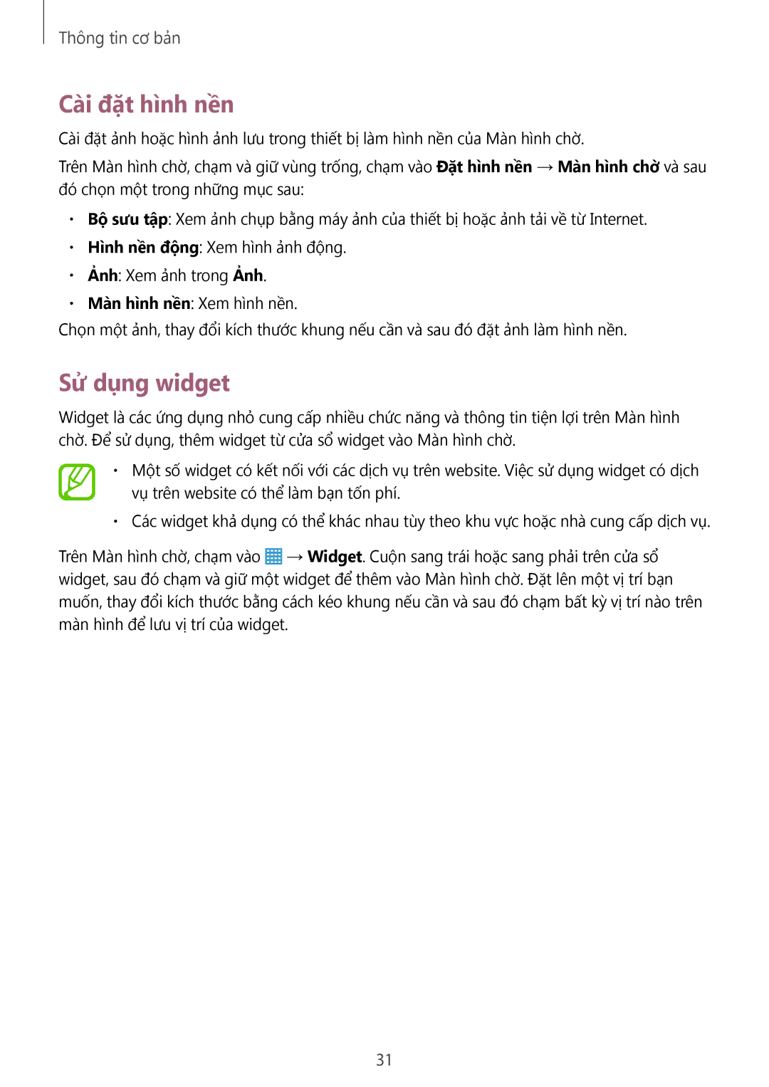 Samsung SM-T331NZWAXXV, SM-T331NYKAXXV manual Cài đặt hình nền, Sử dụng widget 